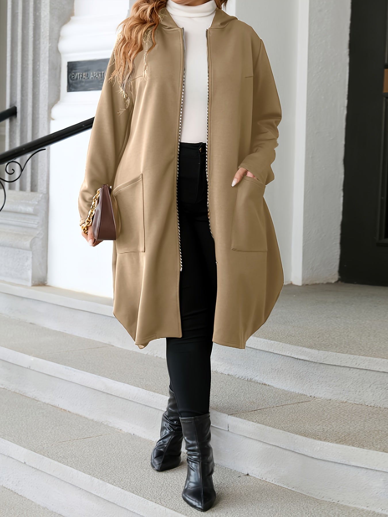 Plus Size Casual Coat, Women's Plus Solid Zipper Long Sleeve Slight Stretch Hooded Oversized Coat With Pockets