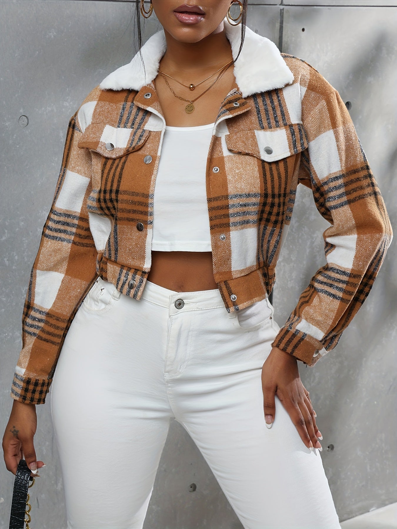 gbolsos Button Plaid Faux Fur Collar Jacket, Casual Long Sleeve Crop Jacket For Fall & Winter, Women's Clothing
