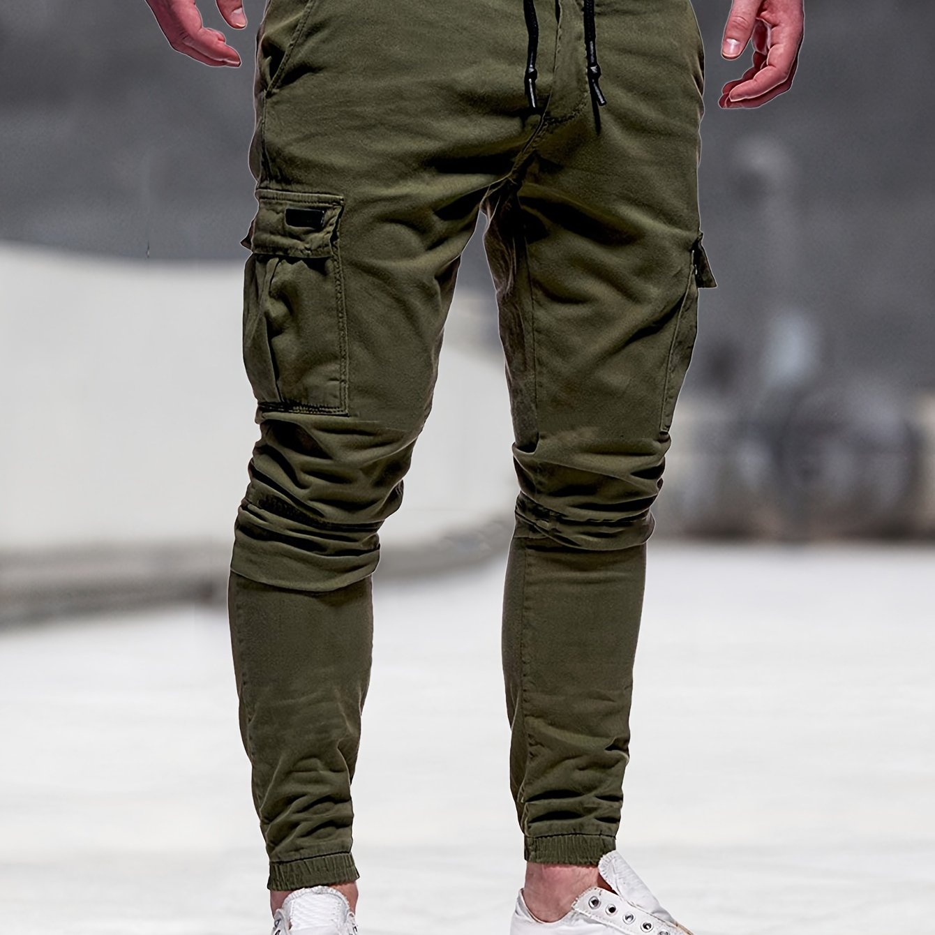 gbolsos Solid Multi Flap Pockets Men's Drawstring Cargo Pants, Slim Fit Elastic Casual Outdoor Pants, Men's Work Pants
