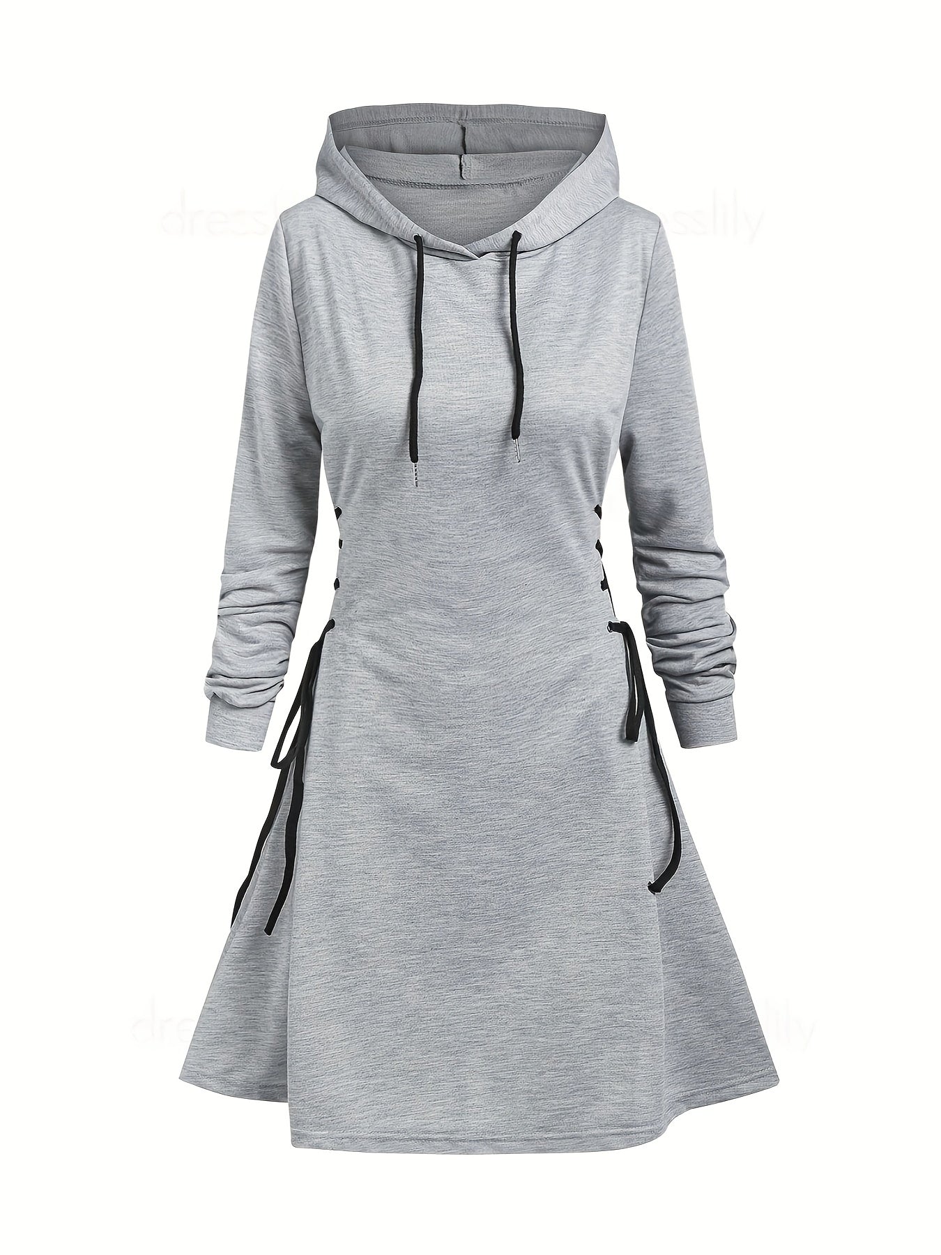 Drawstring Lace Up Hooded Dress, Casual Long Sleeve Solid Dress, Women's Clothing