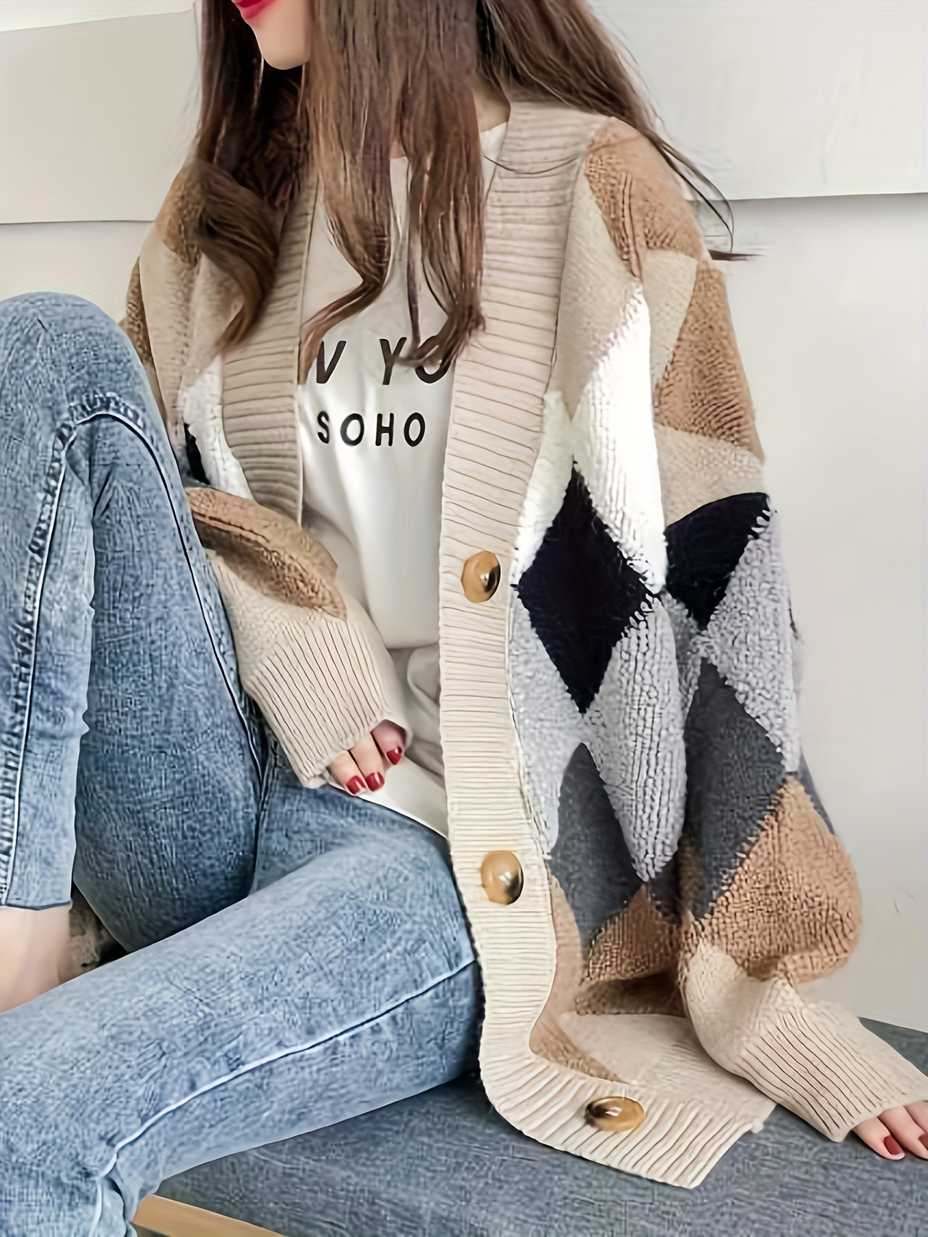gbolsos Letter Pattern Button Down Knit Cardigan, Casual Long Sleeve Loose Thick Sweater Jacket, Women's Clothing