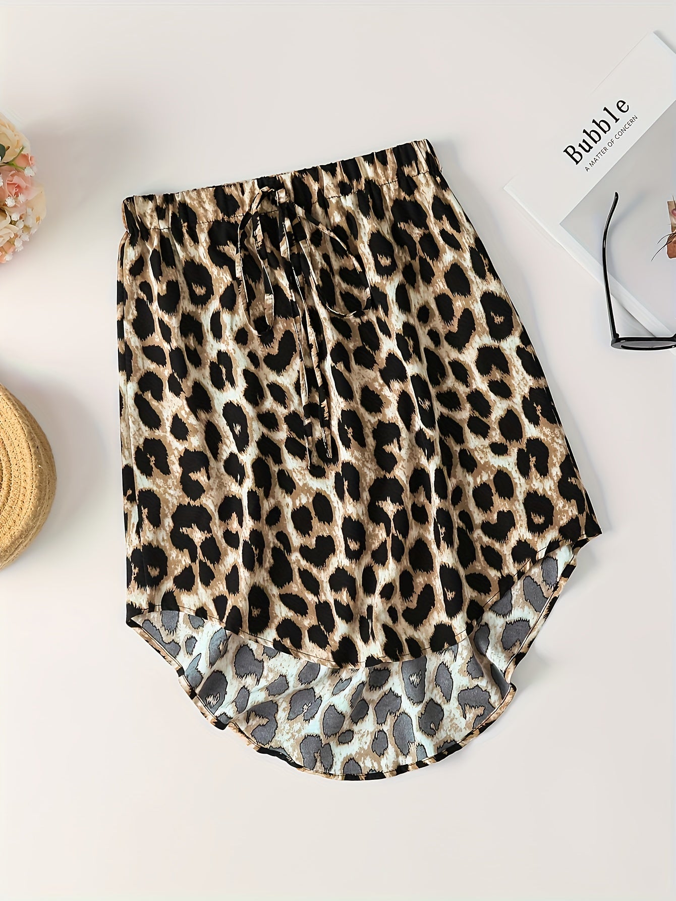 Leopard Print Dipped Hem Skirts, Casual Comfy Skirts With Drawstring Deco, Women's Clothing