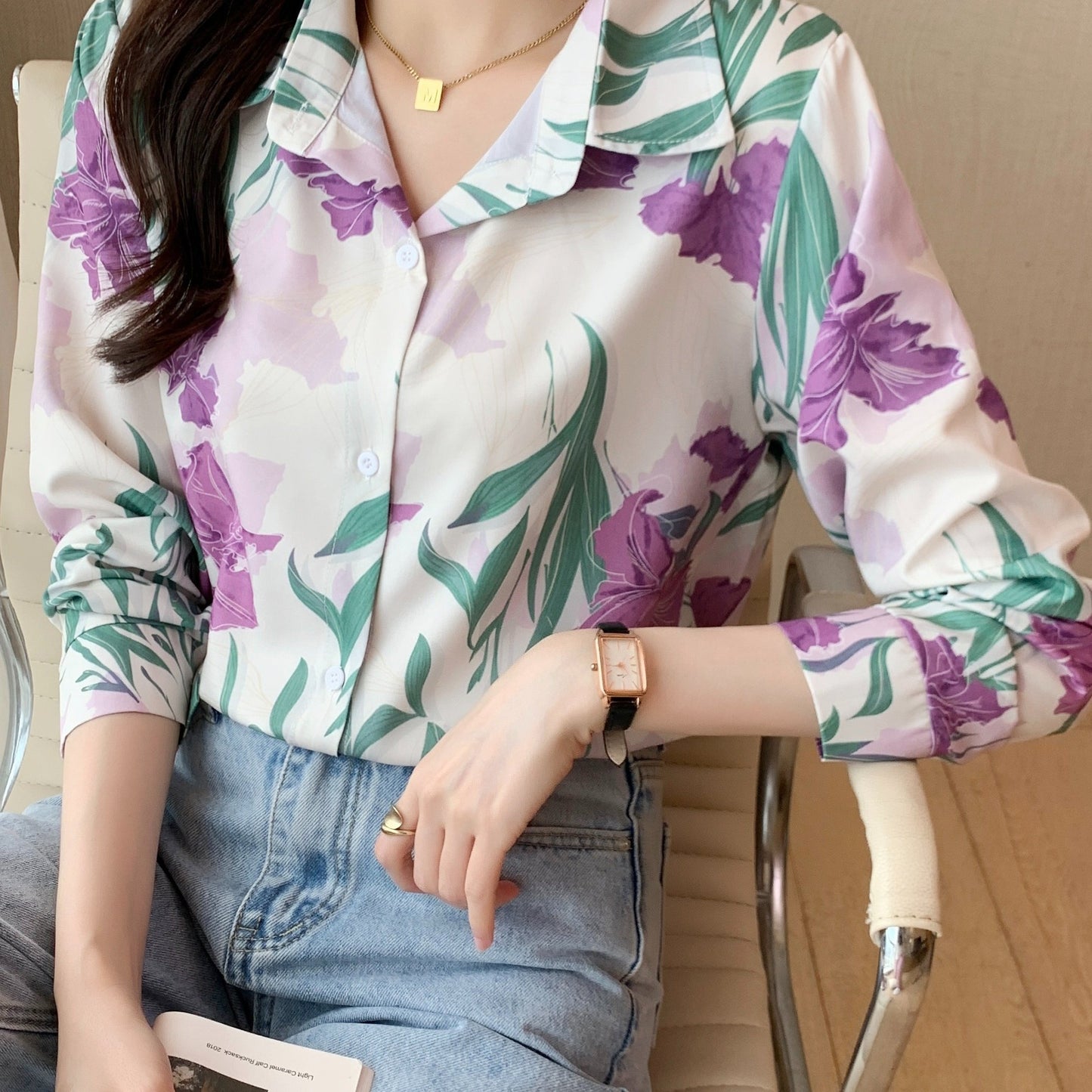 gbolsos Floral Print Polo Collar Button Shirt, Casual Long Sleeve Shirt For Spring & Fall, Women's Clothing