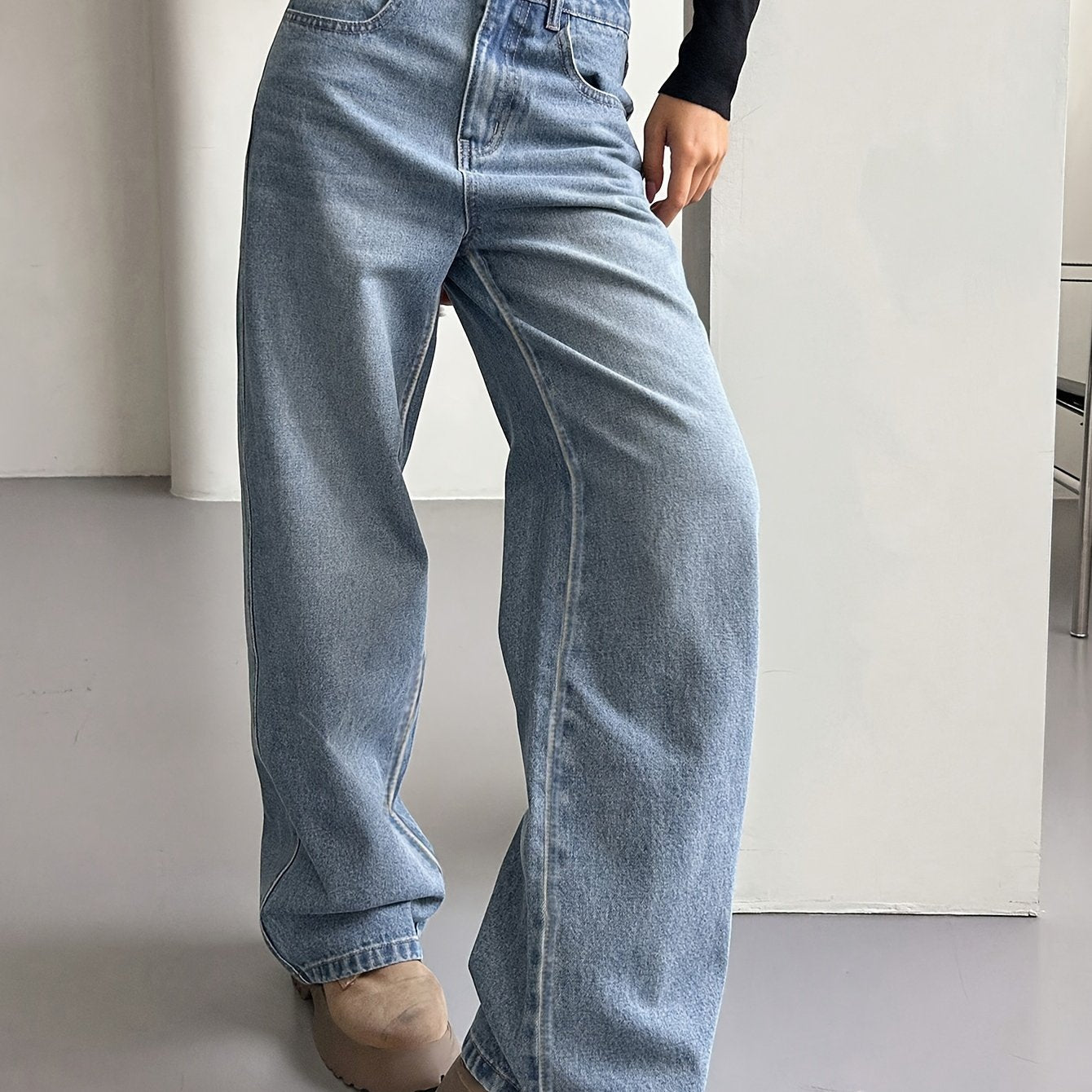 gbolsos Loose Fit Washed Straight Jeans, Slant Pockets Non-Stretch Casual Denim Pants, Women's Denim Jeans & Clothing