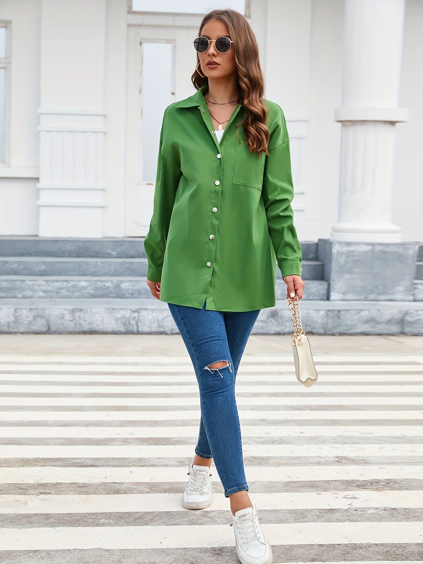 gbolsos Solid Pocket Polo Collar Shirt, Casual Long Sleeve Shirt For Spring & Fall, Women's Clothing
