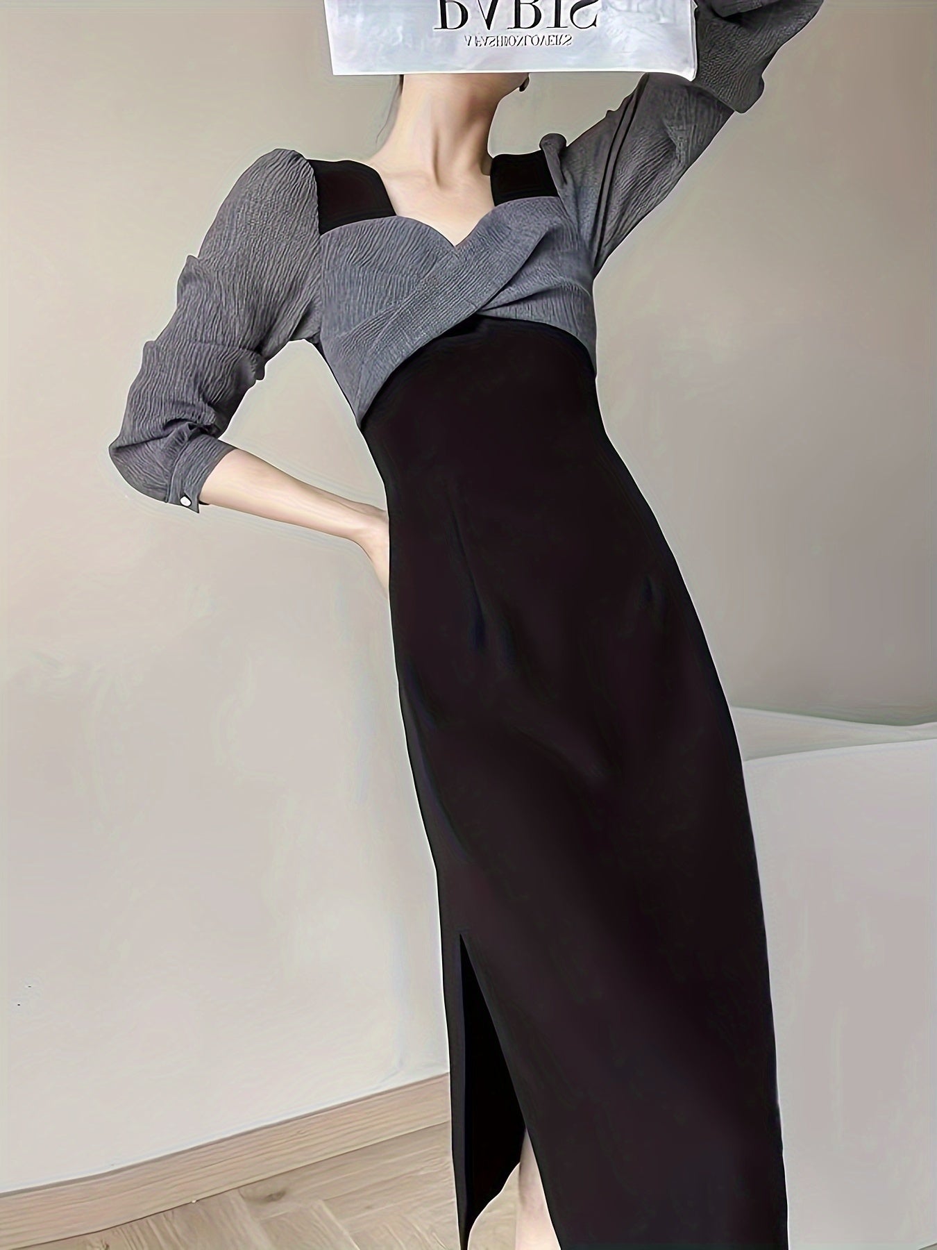 gbolsos Faux Twinset Twist Front Dress, Chic Long Sleeve A-line Dress For Spring & Fall, Women's Clothing