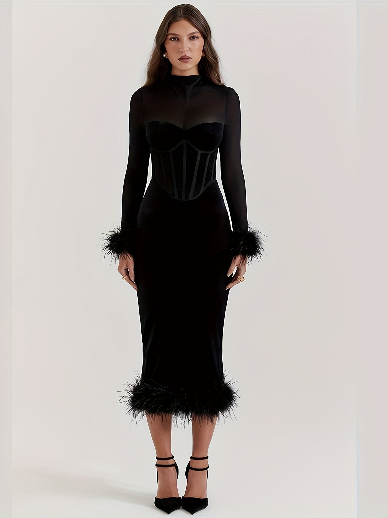 gbolsos Faux Fur Trim Corset Fit Dress, Stylish Bustier Semi-sheer Mock Neck Long Sleeve Dress, Women's Clothing