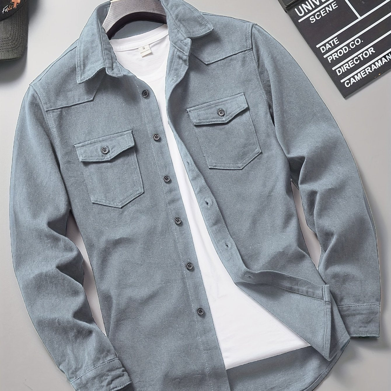 Men's Loose Fit Solid Color Lapel Collar Long Sleeve Denim Jacket With Pockets, Men's Outfits
