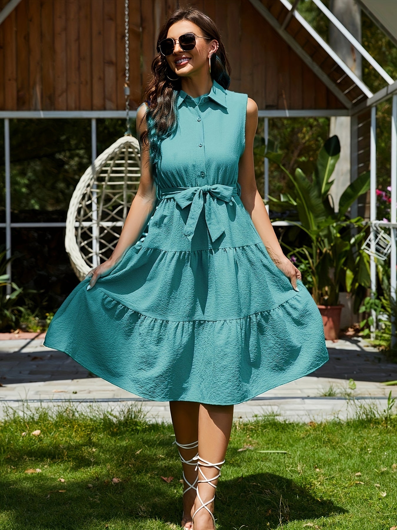 gbolsos Shirt Collar Belted Tiered Dress, Sleeveless Summer Vacation Casual Dress, Women's Clothing