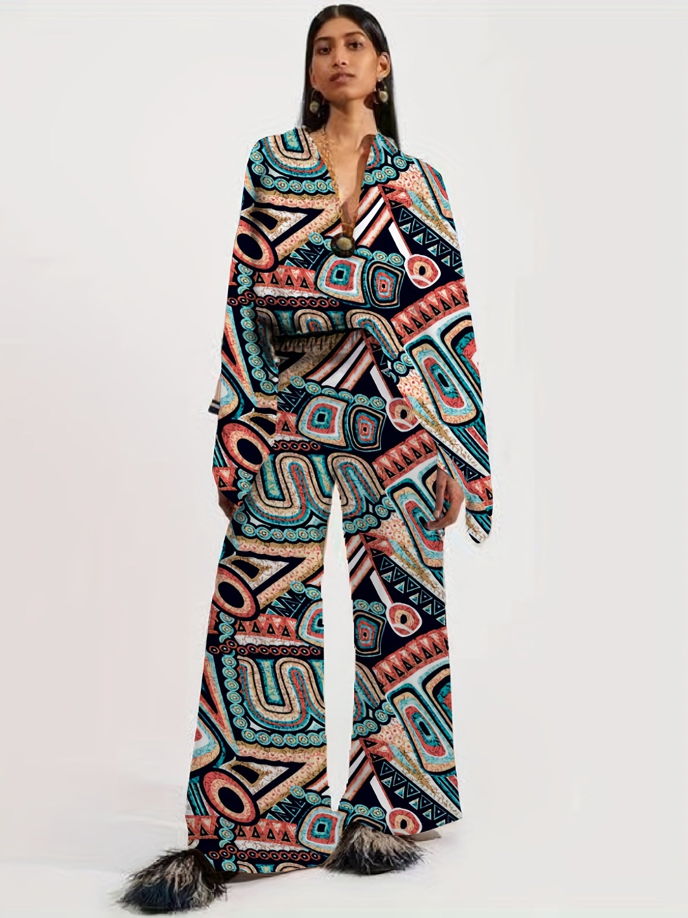 gbolsos Vacation Ethnic Print Two-piece Set, Long Sleeve Button Front Blouse & High Waist Wide Leg Pants Outfits, Women's Clothing