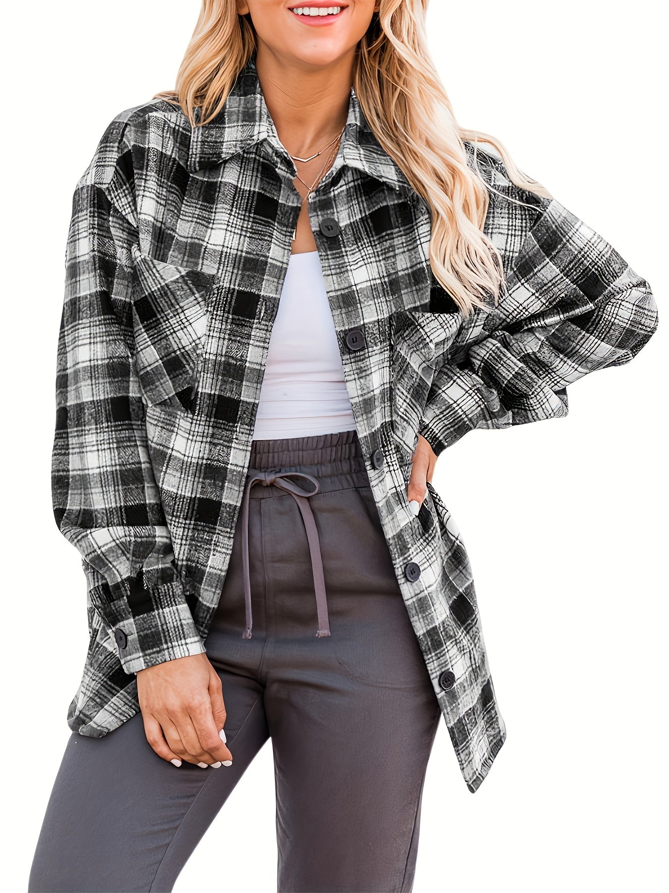 gbolsos Plaid Print Shacket Jacket, Casual Button Front Long Sleeve Outerwear, Women's Clothing