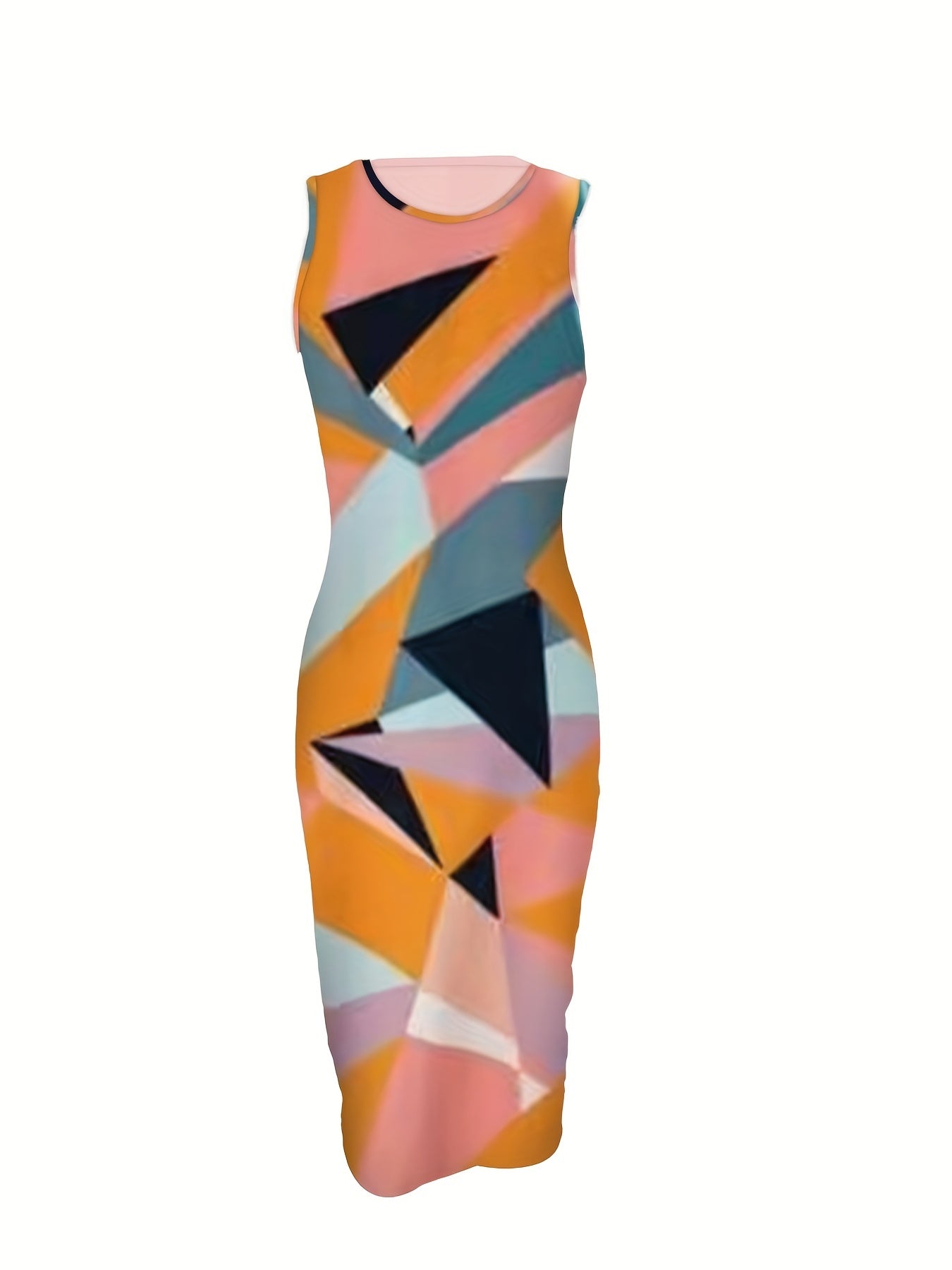 gbolsos Contrast Color Crew Neck Dress, Elegant Sleeveless Stretchy Bodycon Midi Dress, Women's Clothing