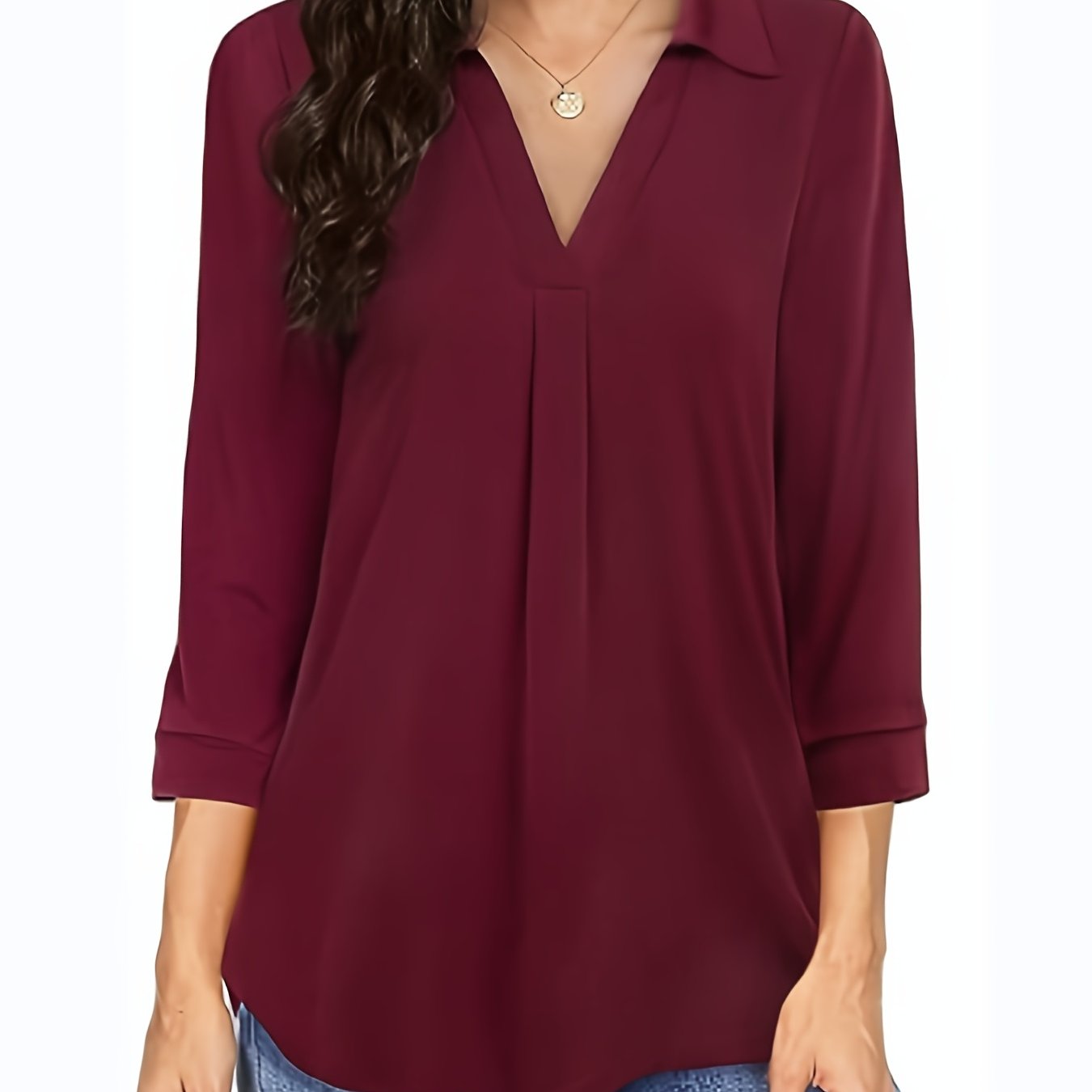 gbolsos Plus Size Casual Blouse, Women's Plus Solid Half Sleeve Turn Down Collar Tunic Top