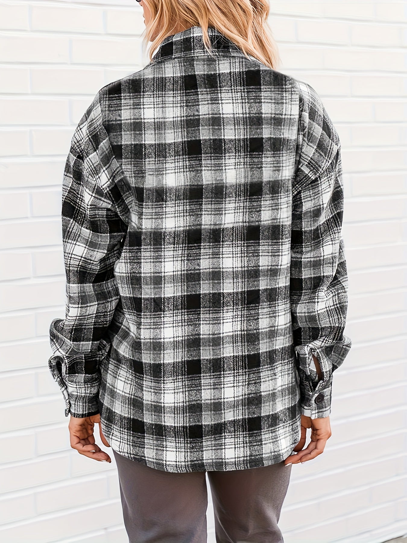 gbolsos Plaid Print Shacket Jacket, Casual Button Front Long Sleeve Outerwear, Women's Clothing