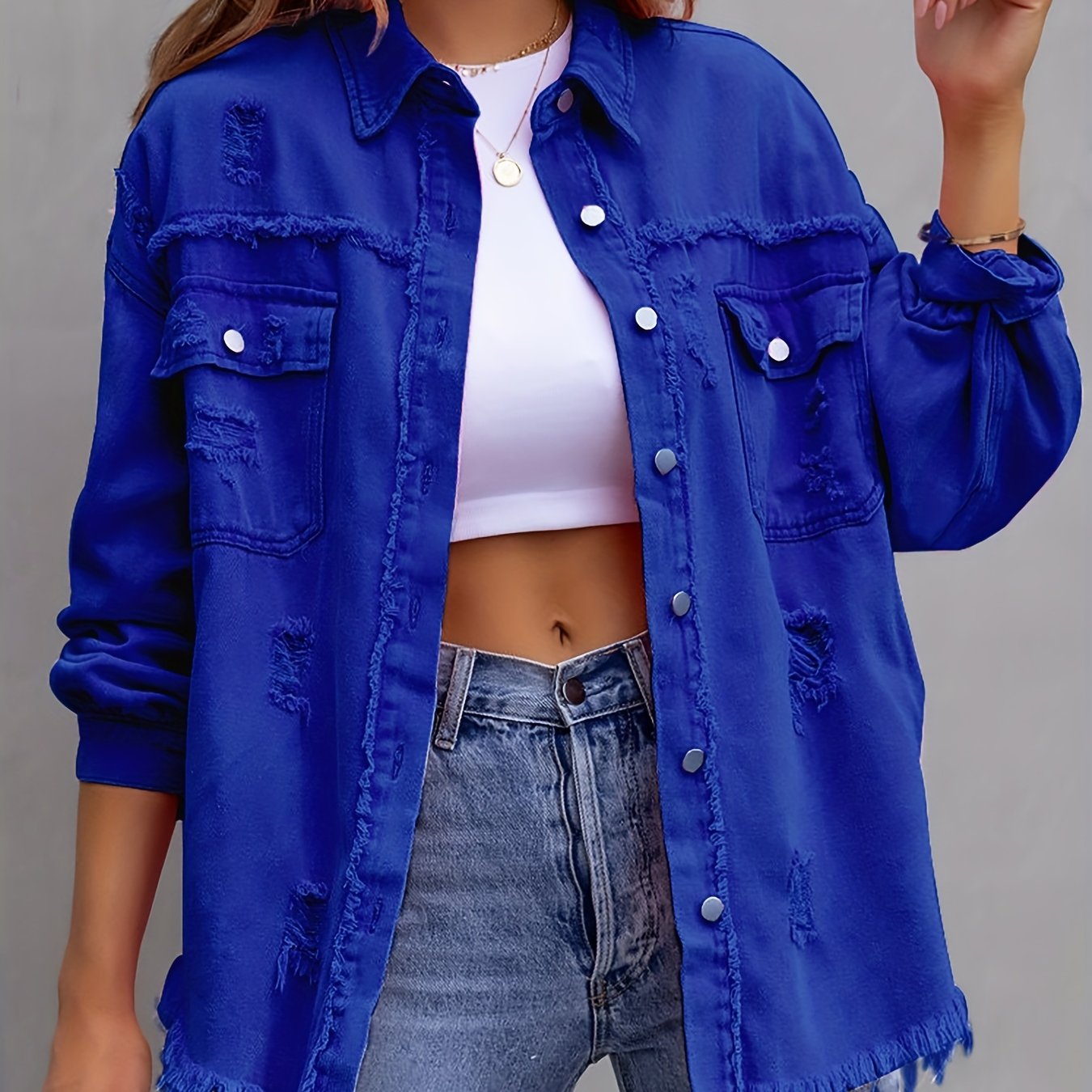 Raw Hem Ripped Distressed Denim Jacket, Flap Pockets Long Sleeves Street Style Single-Breasted Denim Coat, Women's Denim Jeans & Clothing