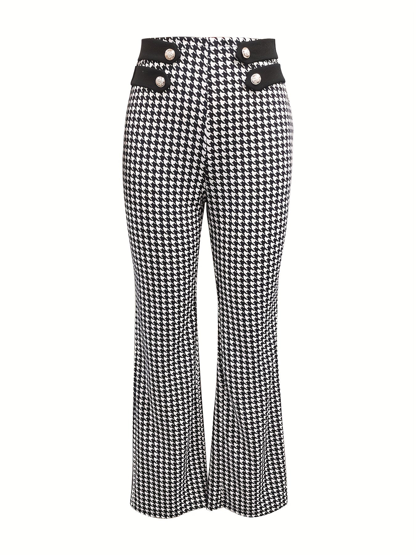 gbolsos Houndstooth Straight Leg Pants, Elegant Stretchy Button High Waist Pants, Women's Clothing