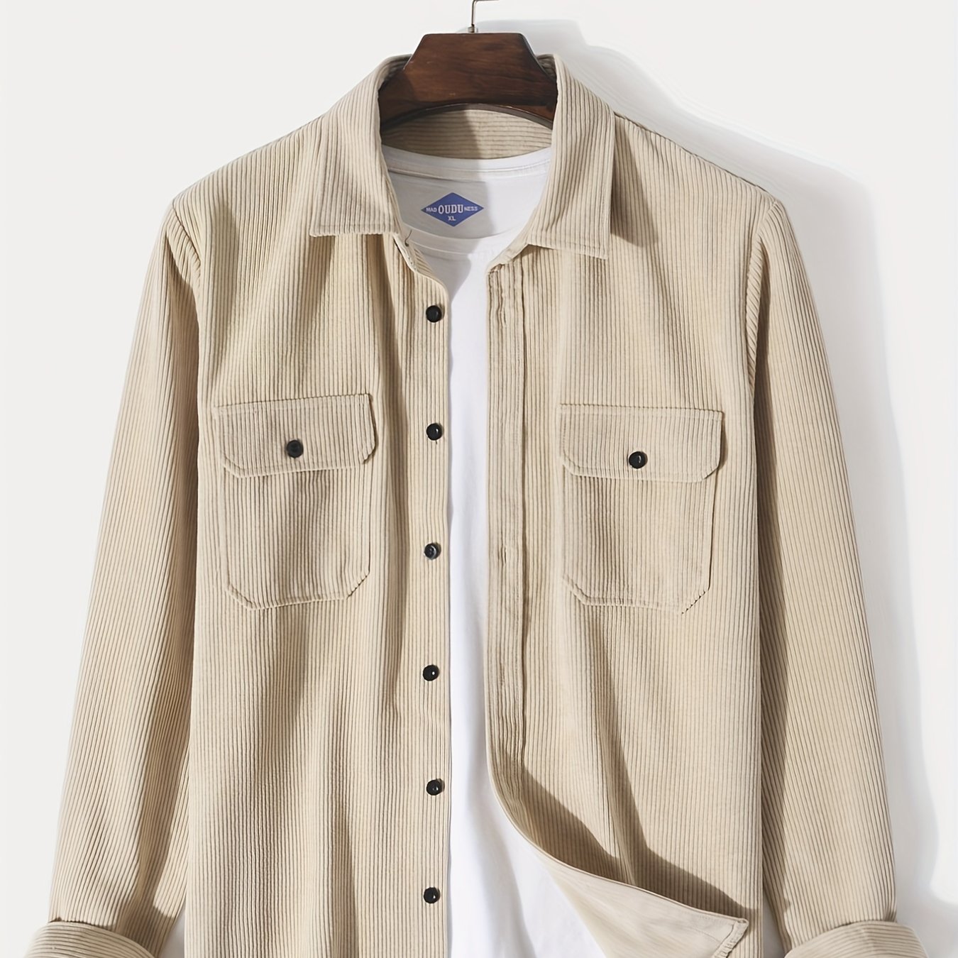 gbolsos Men's Retro Corduroy Shirt Top Turn-Down Collar Long Sleeve Closure Regular Fit Solid Male Casual Shirt For Daily