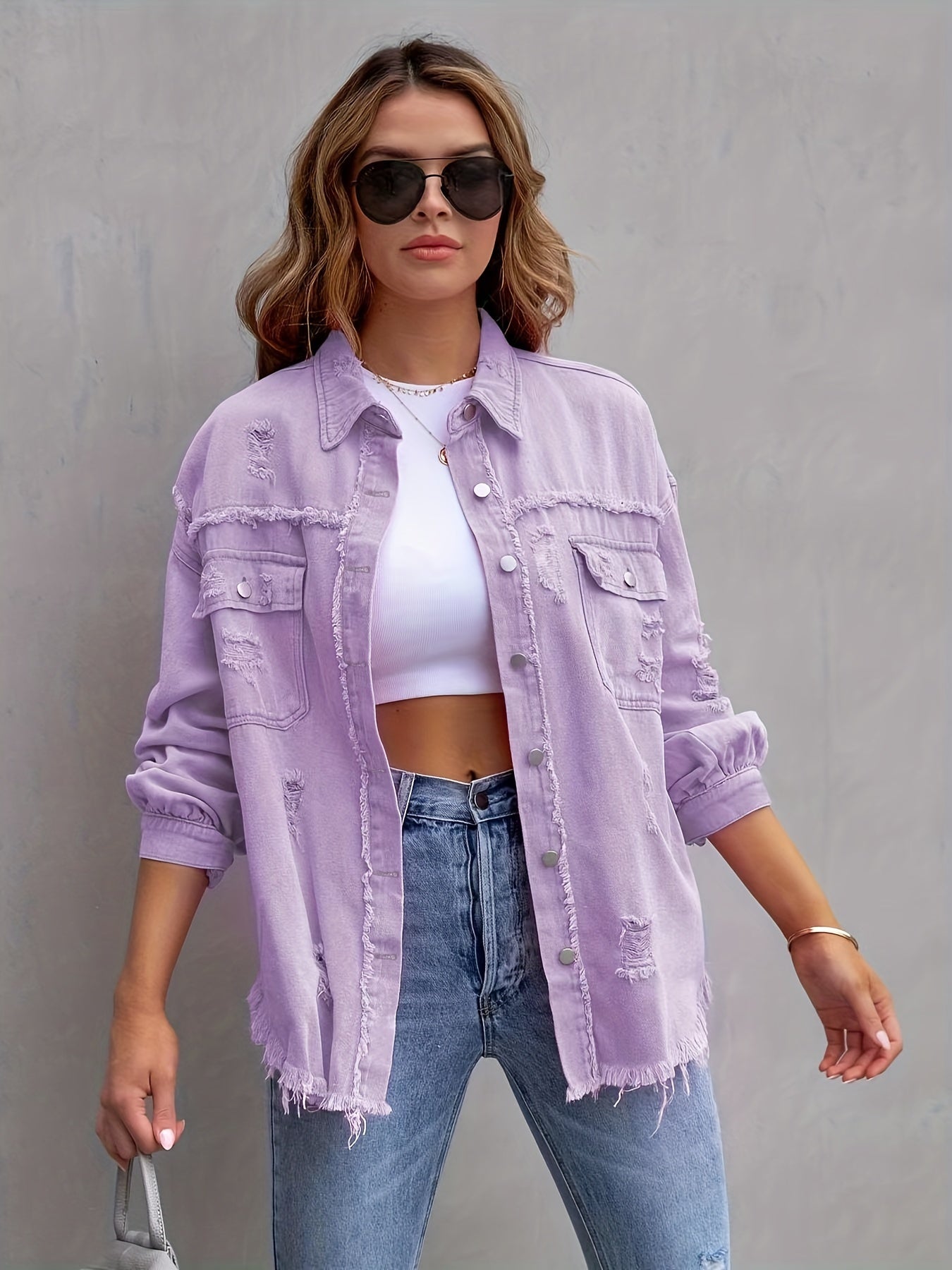gbolsos Ripped Raw Edge Oversized Denim Jacket, Distressed Collar Long Sleeves Denim Coat, Flap Pockets Single-breasted Button Up Loose Denim Jacket, Women's Denim Jeans & Clothing