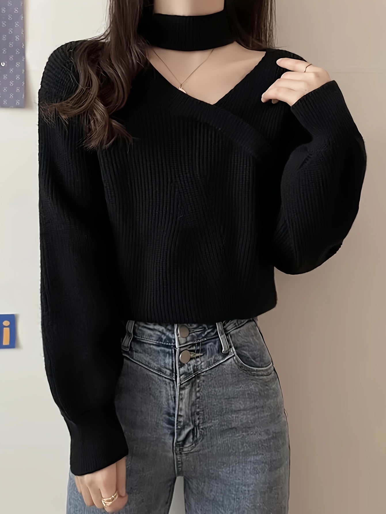 gbolsos Solid Mock Neck Pullover Sweater, Elegant Cut Out Lantern Sleeve Stylish Sweater, Women's Clothing
