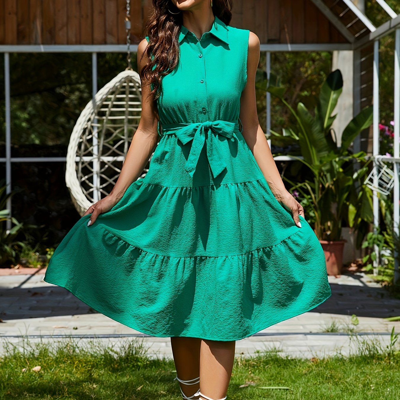 gbolsos Shirt Collar Belted Tiered Dress, Sleeveless Summer Vacation Casual Dress, Women's Clothing