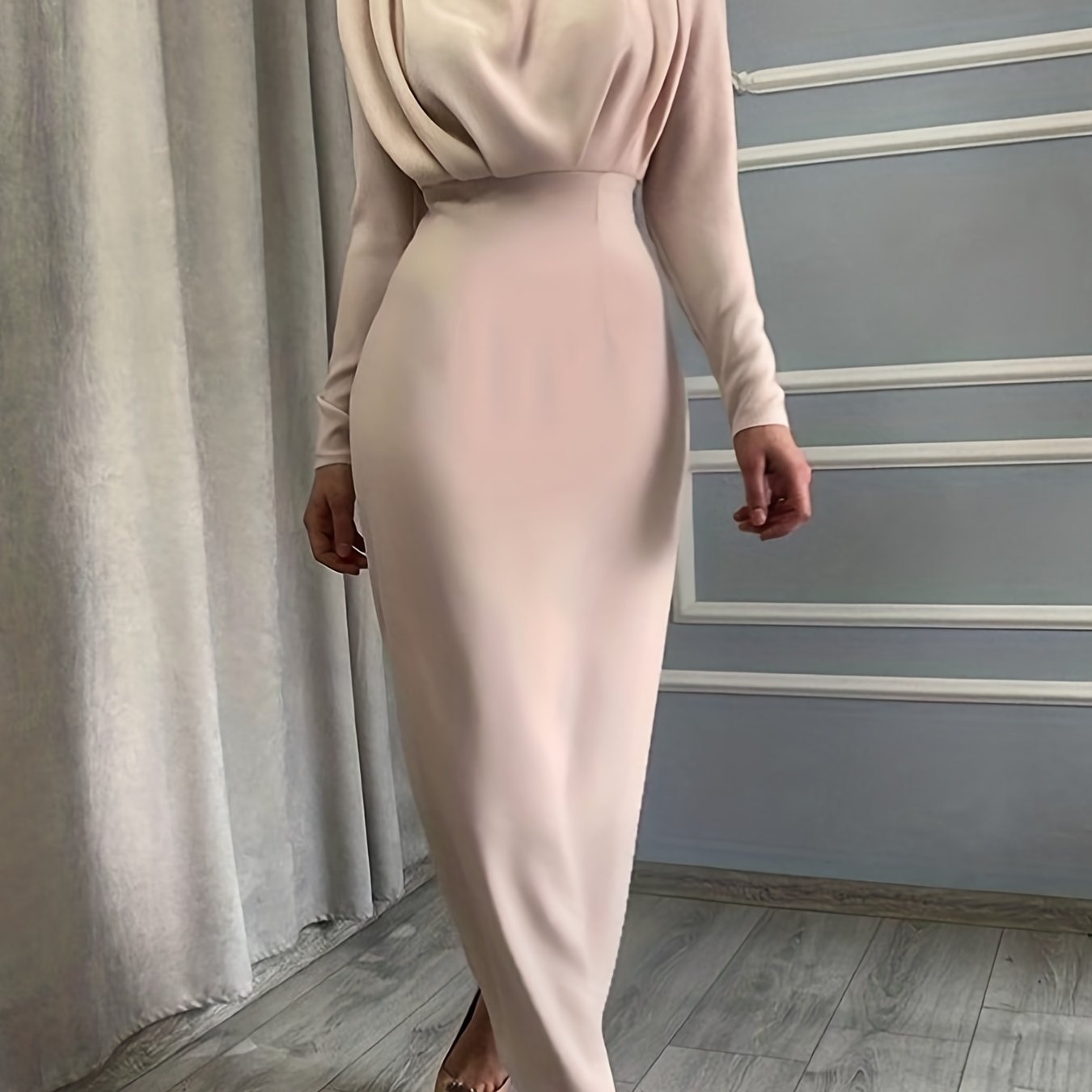 Solid Ruched Dress, Elegant Simple Long Sleeve Slim Waist Dress, Women's Clothing