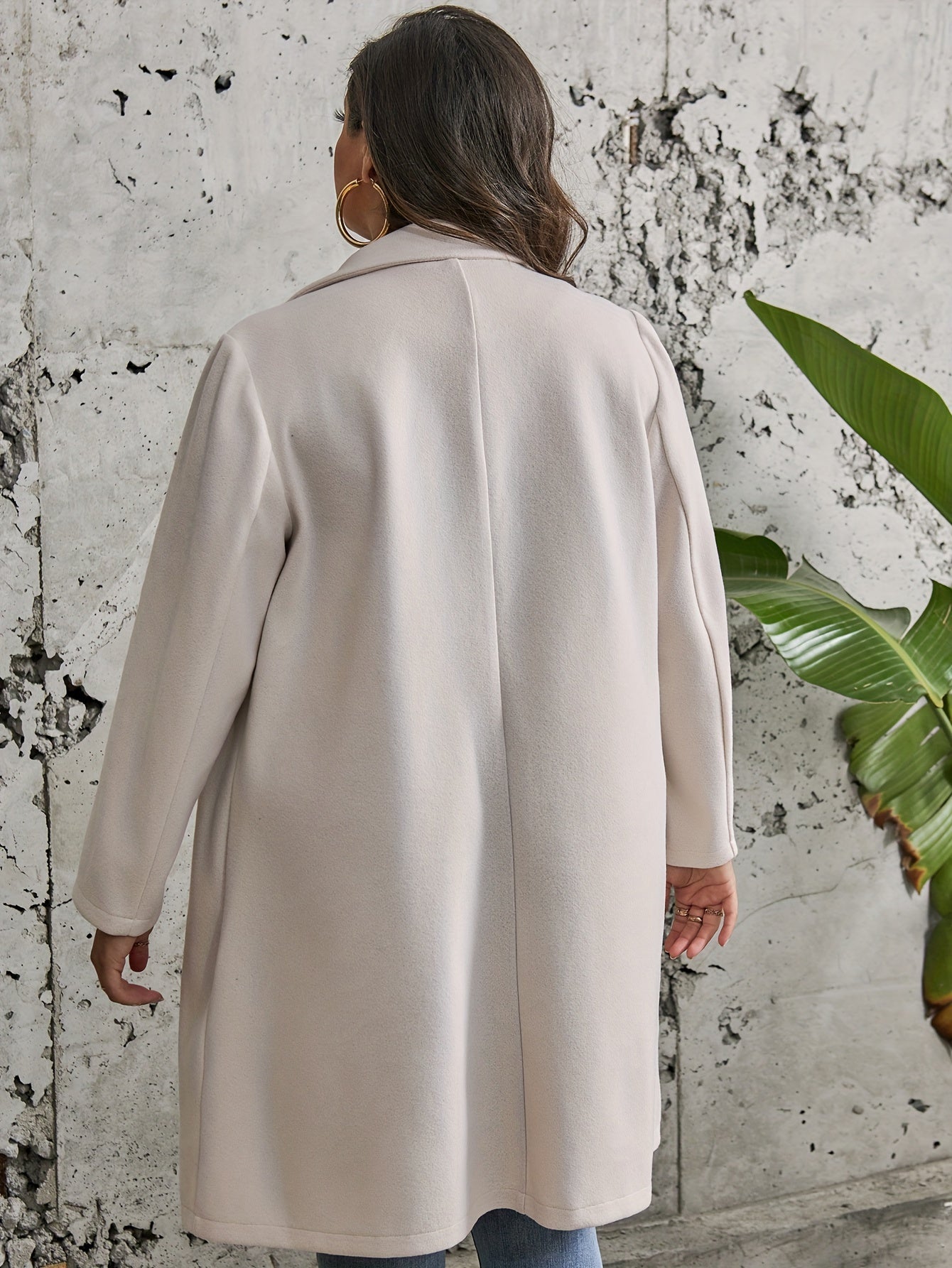 Plus Size Elegant Coat, Women's Plus Solid Long Sleeve Lapel Collar Longline Woolen Coat With Pockets