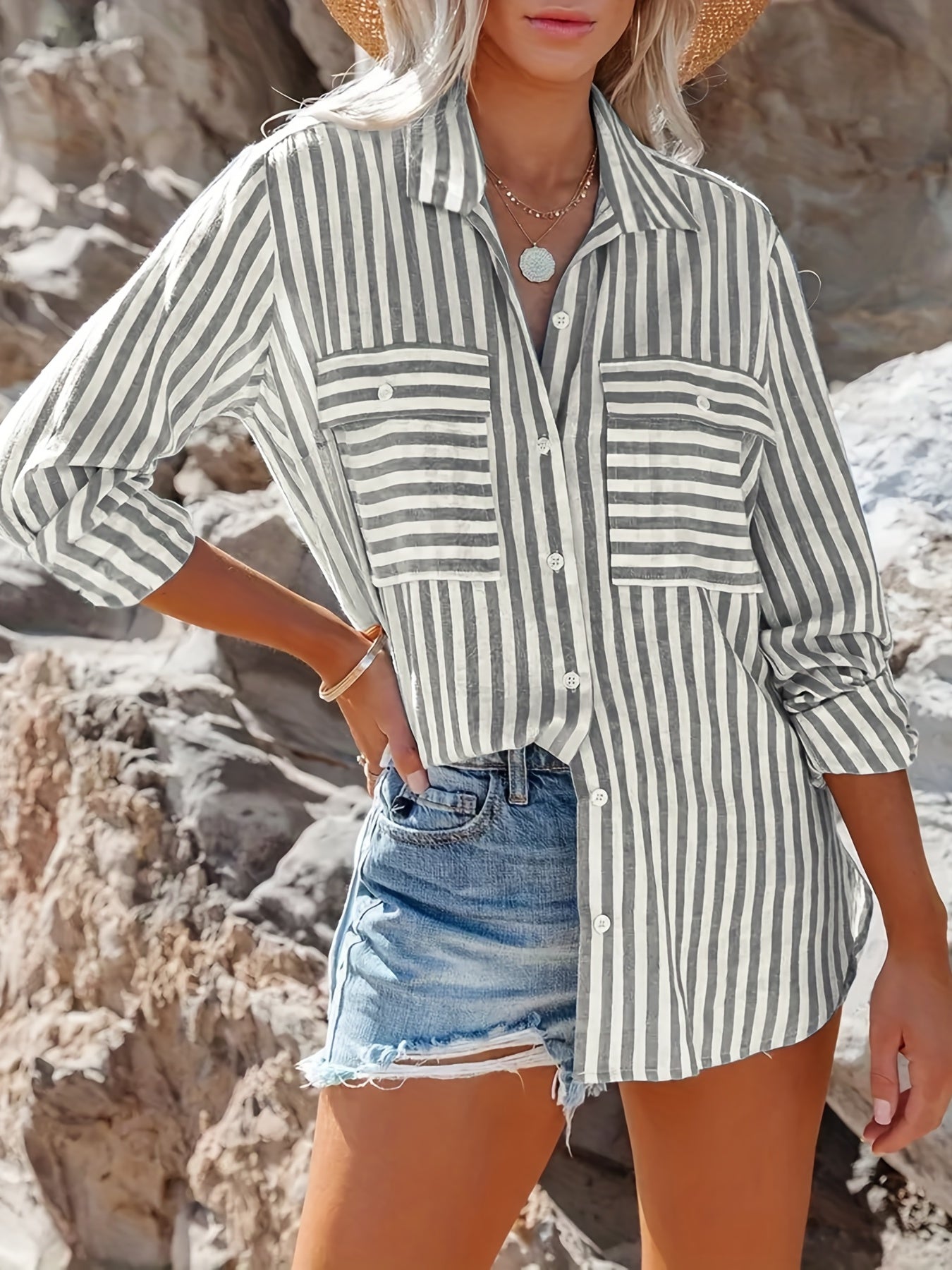 solvbao Plus Size Casual Blouse, Women's Plus Stripe Print Long Sleeve Button Up Blouse With Flap Pockets