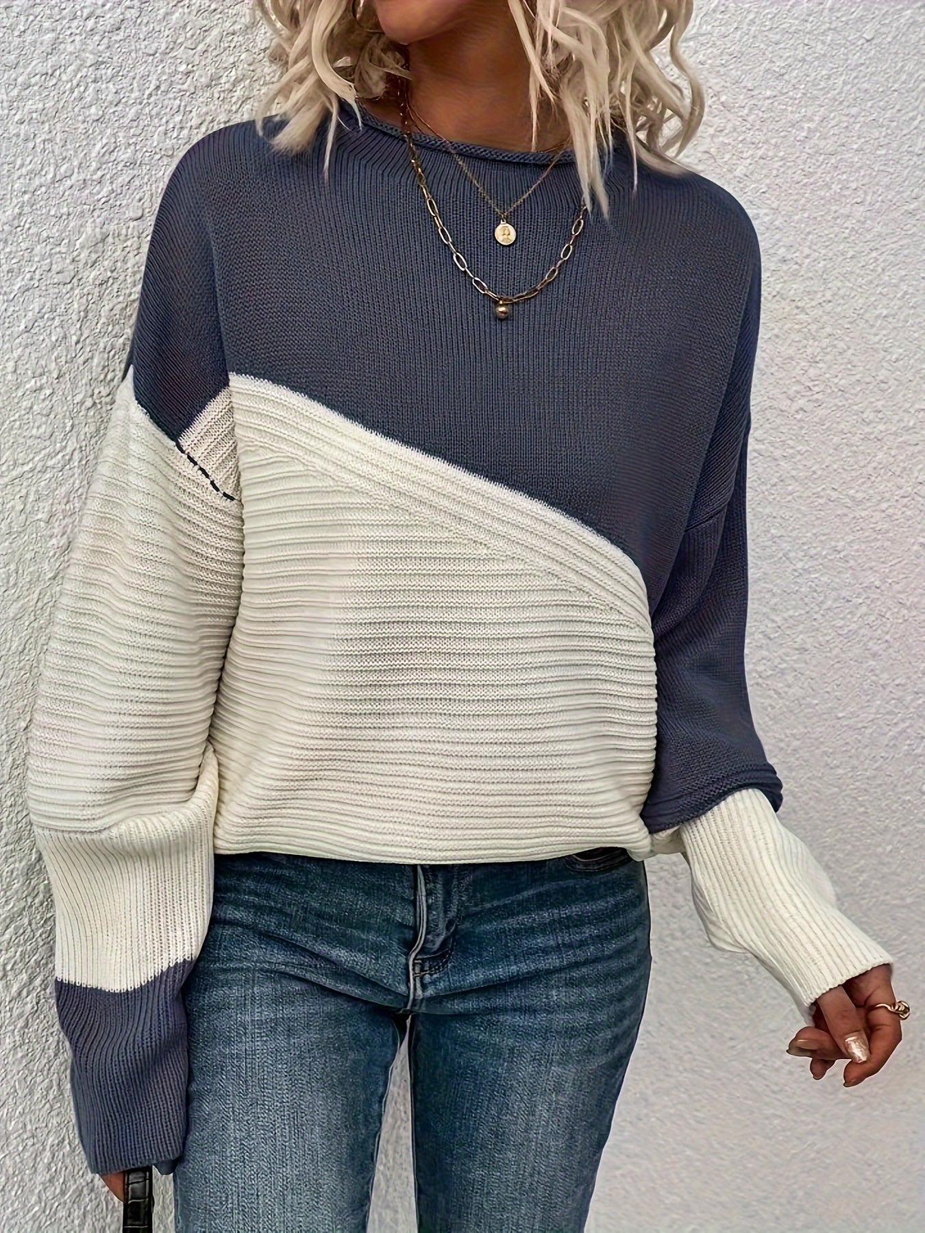 gbolsos Color Block Loose Pullover Sweater, Elegant Long Sleeve Drop Shoulder Sweater, Women's Clothing