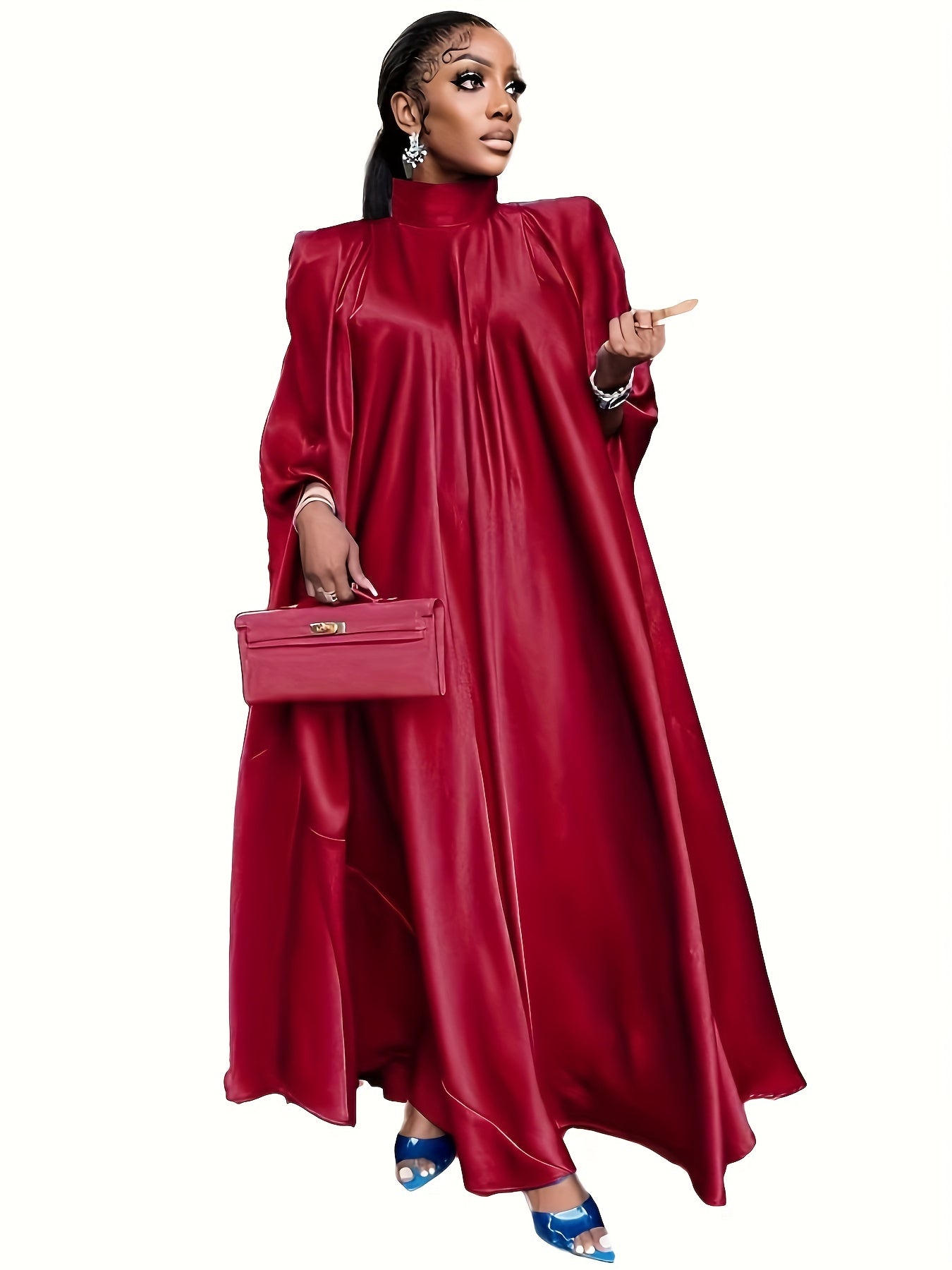 Plus Size Elegant Abaya Dress, Women's Plus Satin Bat Sleeve Mock Neck Maxi Muslim Caftan Dress