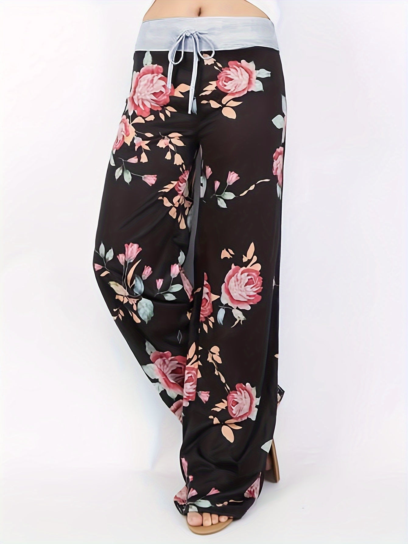 Loose Wide Leg Pants, Casual Yoga Low Waist Solid Floral Print Summer Comfy Pants, Women's Clothing