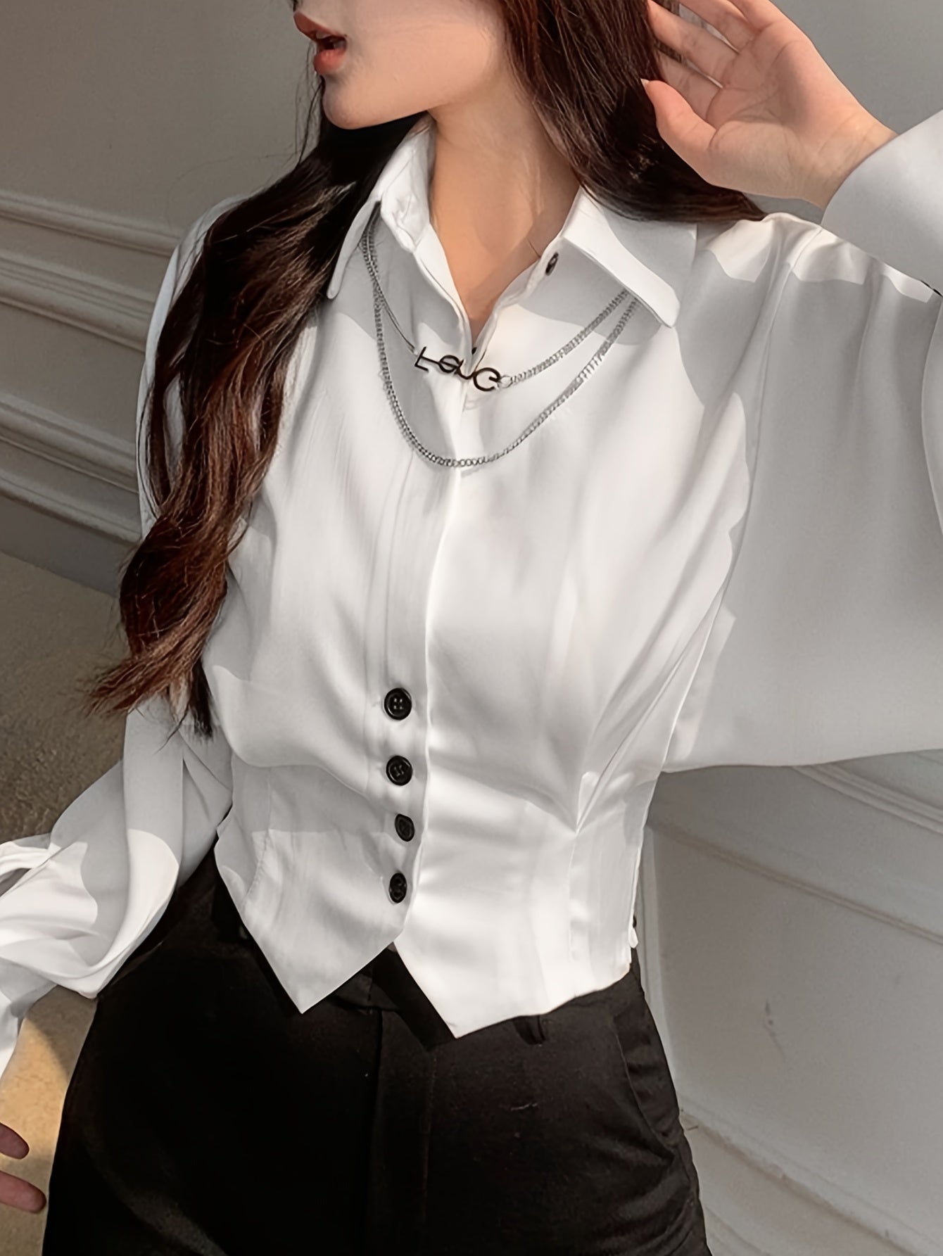 gbolsos Solid Button Front Slim Shirt, Elegant Long Sleeve Shirt For Spring & Fall, Women's Clothing