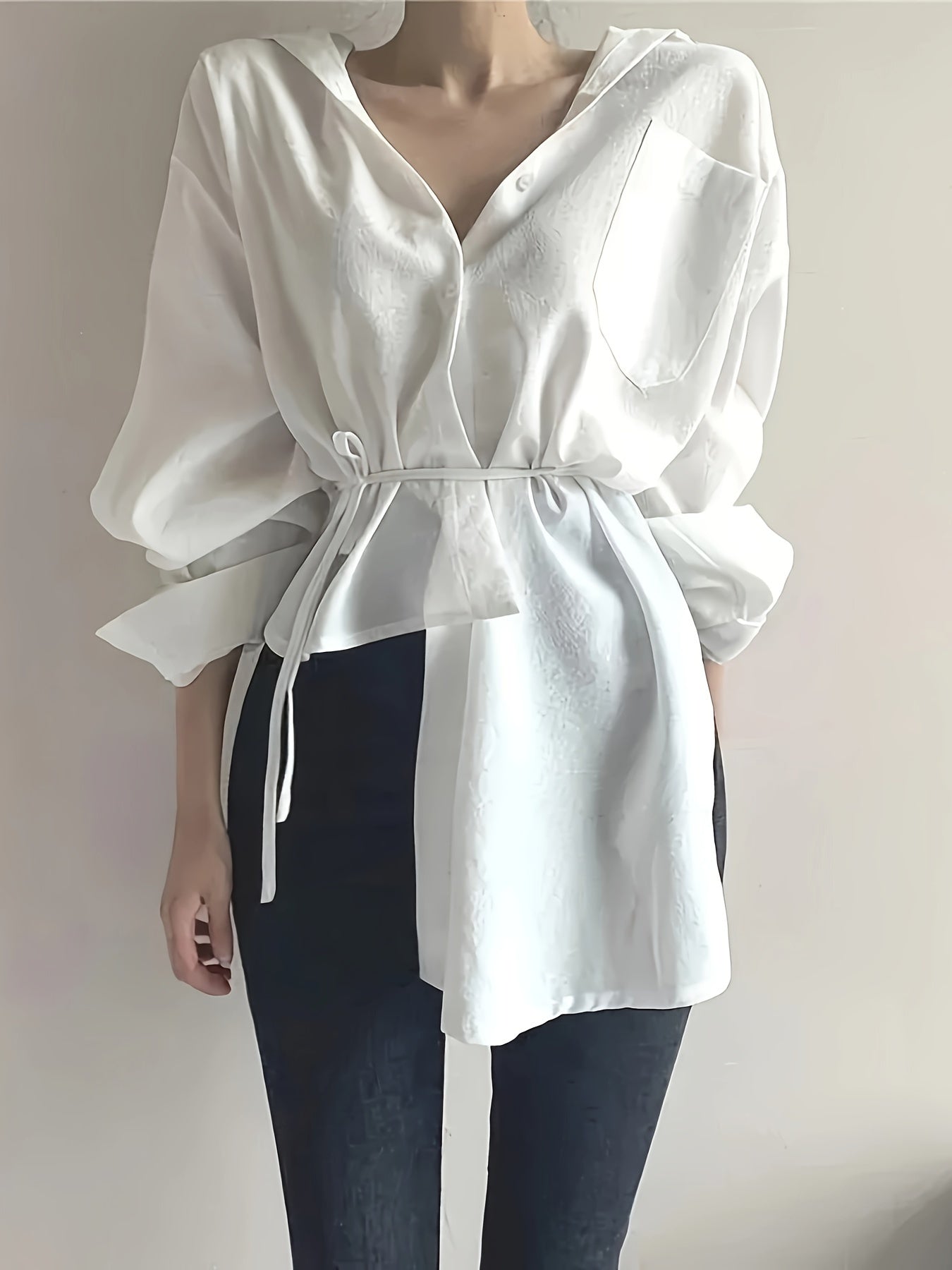 gbolsos Solid Tie Waist Asymmetrical Hem Blouse, Versatile Long Sleeve Button Front Blouse, Women's Clothing