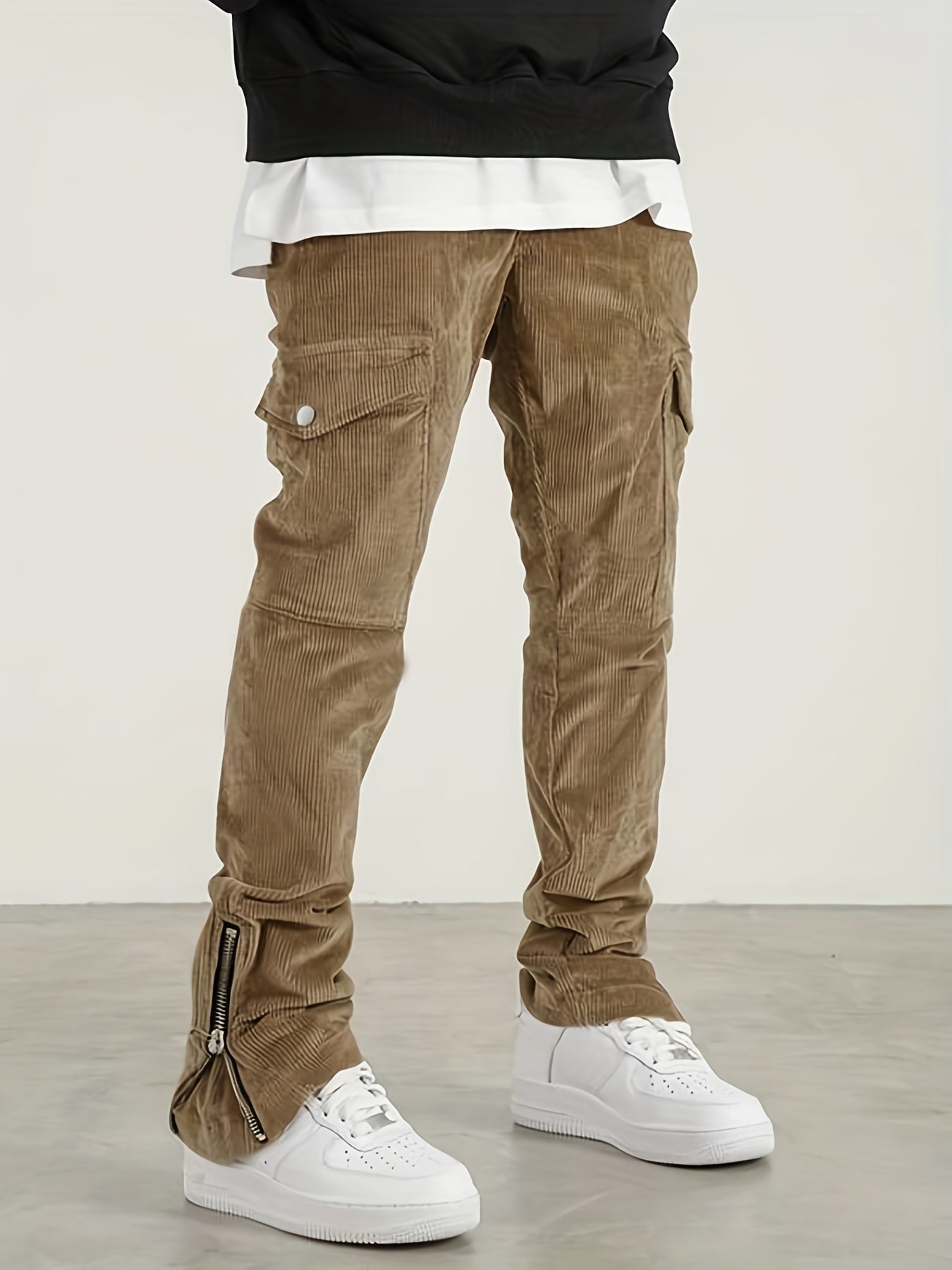 gbolsos Trendy Zipper Slit Bottom Cargo Pants, Men's Solid Multi Flap Pocket Trousers, Casual Outdoor Pants, Men's Work Pants Outdoors Streetwear Hiphop Style