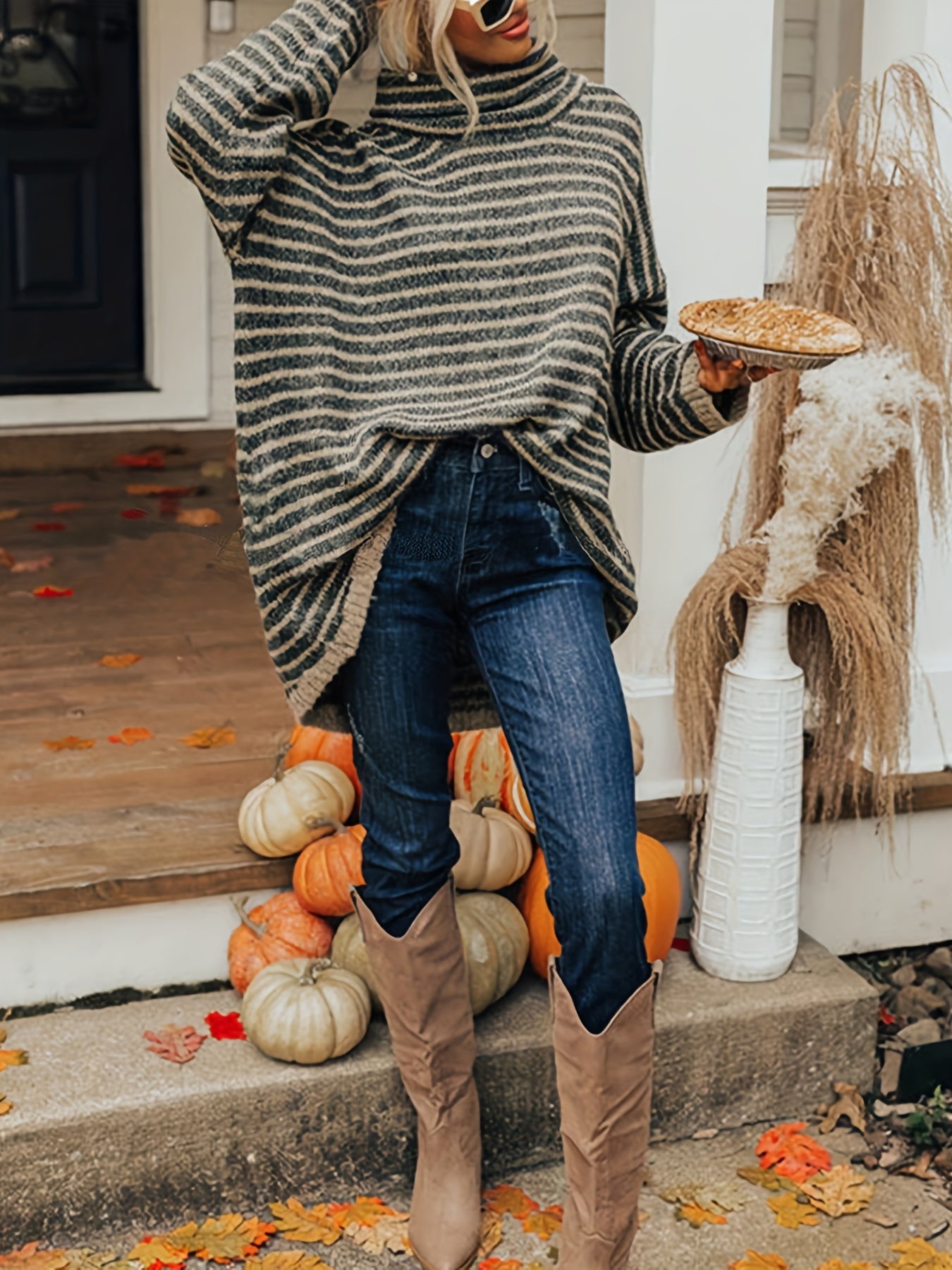 gbolsos Plus Size Casual Sweater, Women's Plus Stripe Print Chimney Collar Long Sleeve Pullover Sweater