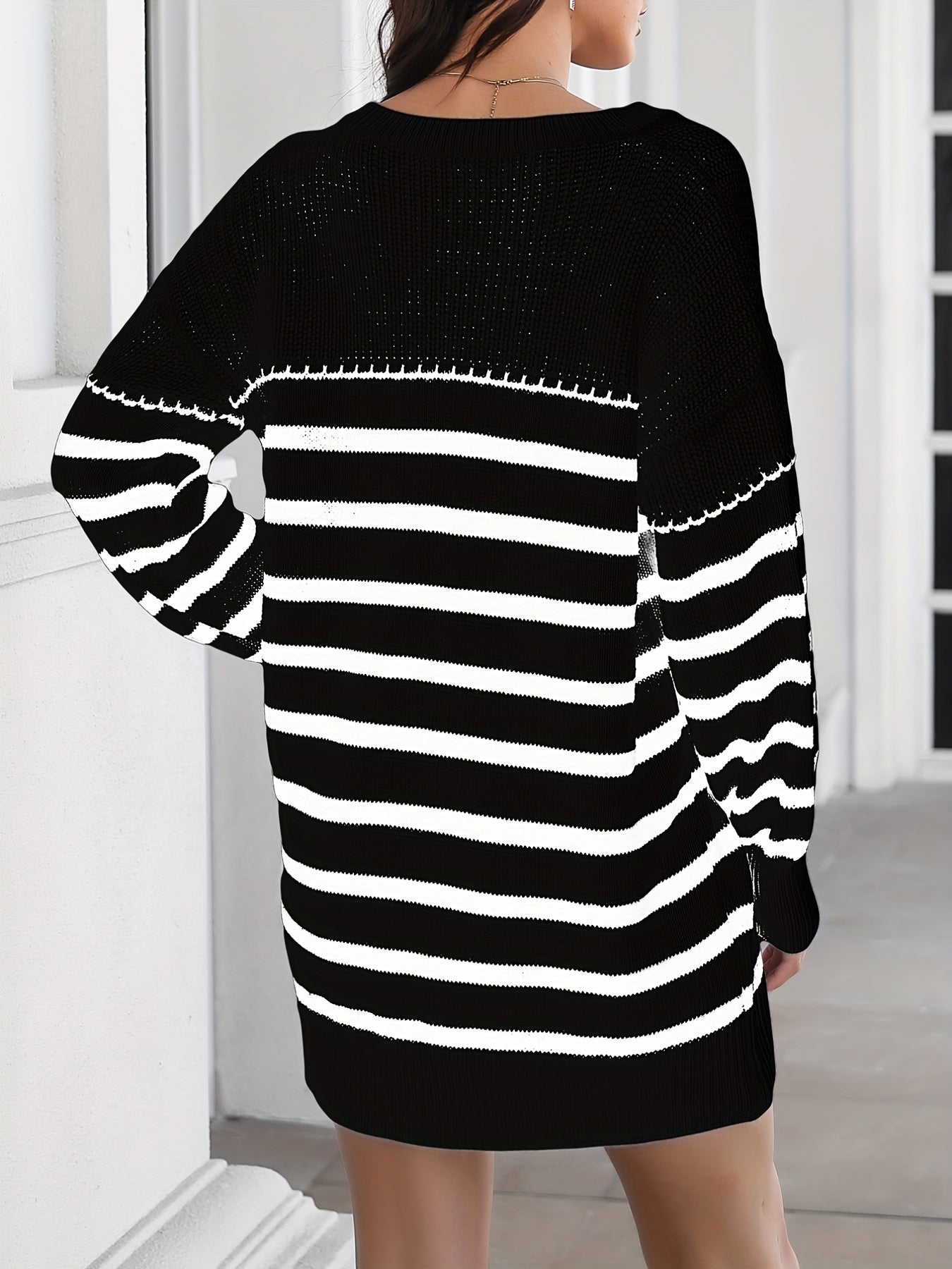 Striped V Neck Knitted Pullover Sweater, Casual Long Sleeve Sweater For Spring & Fall, Women's Clothing