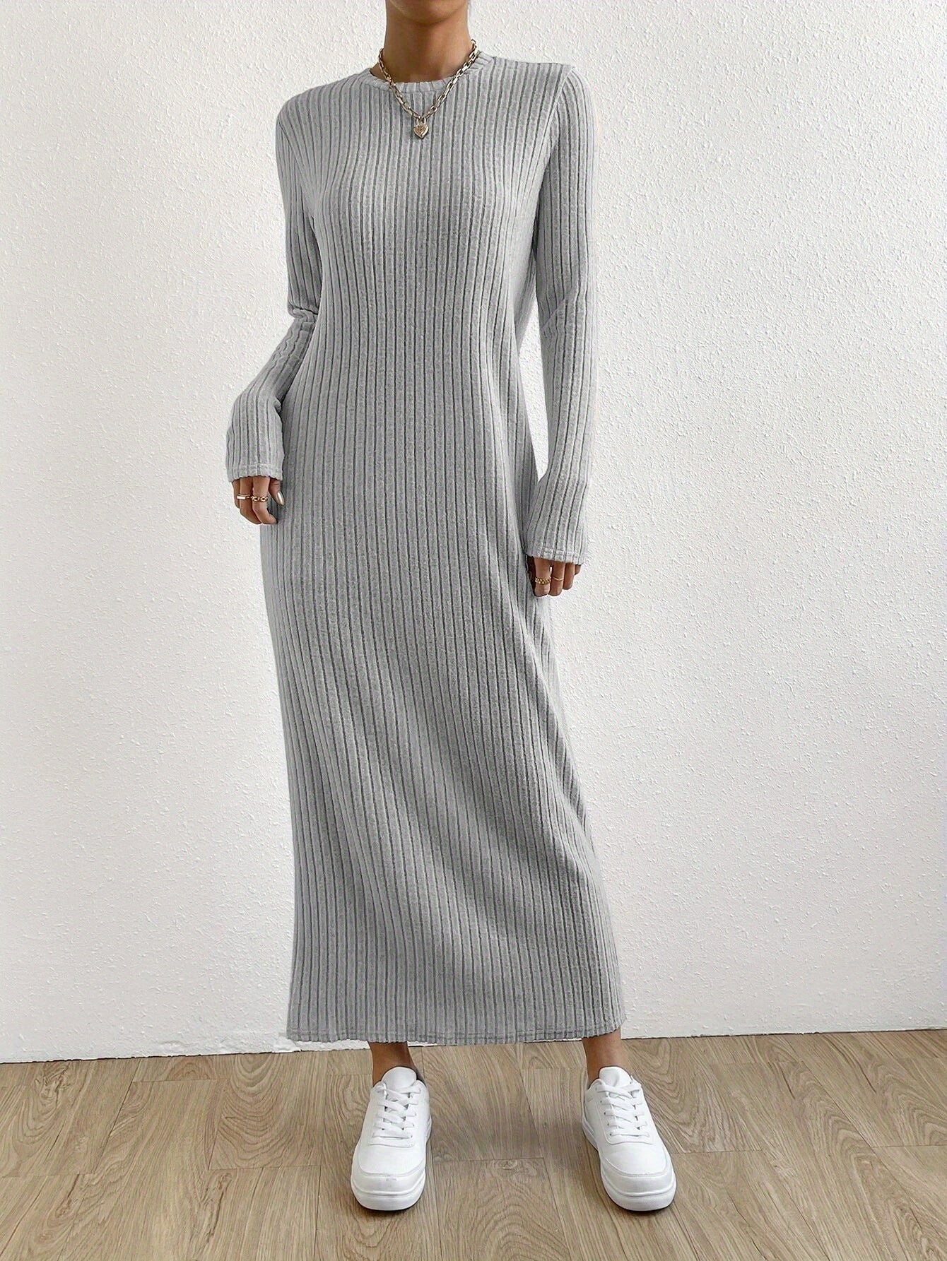 gbolsos Solid Ribbed Dress, Elegant Crew Neck Long Sleeve Maxi Dress, Women's Clothing