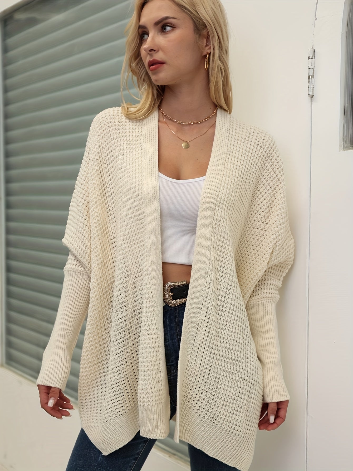 gbolsos Solid Simple Knit Cardigan, Casual Long Sleeve Open Front Sweater, Women's Clothing