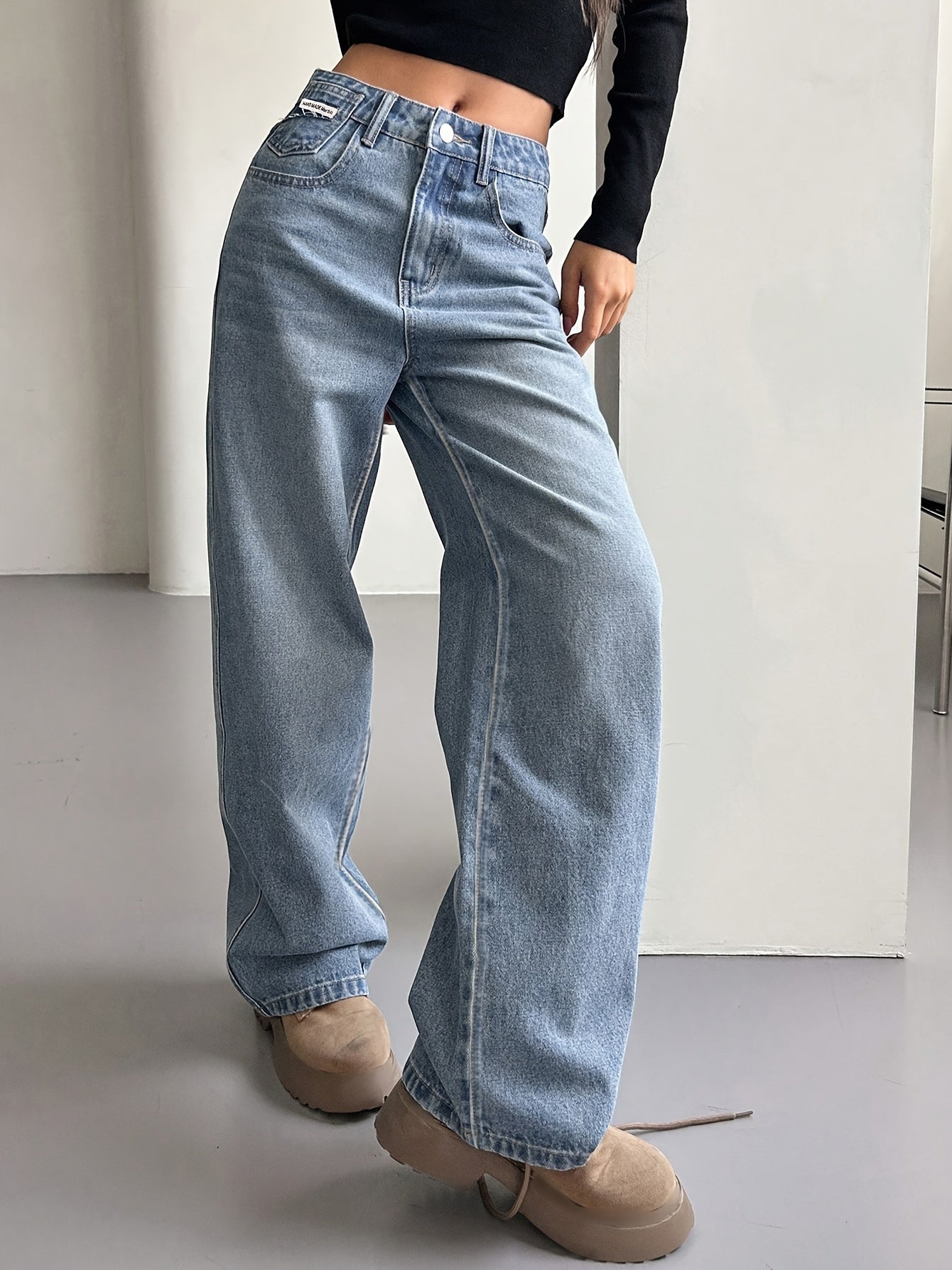 gbolsos Loose Fit Washed Straight Jeans, Slant Pockets Non-Stretch Casual Denim Pants, Women's Denim Jeans & Clothing