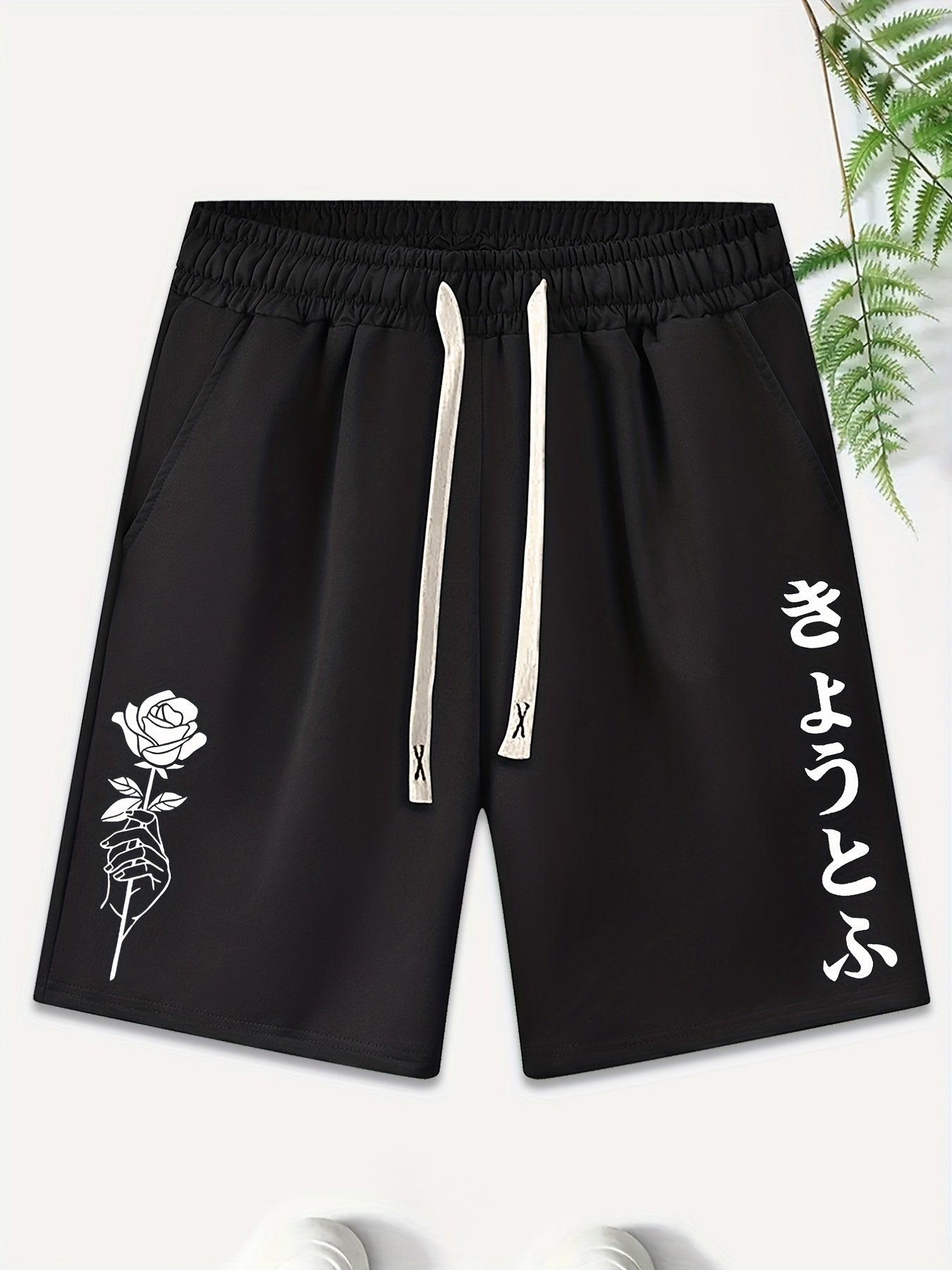 gbolsos Men's Trendy Purple Rose Graphic Drawstring Waist Shorts Athletic Gym Workout Shorts With Pocket