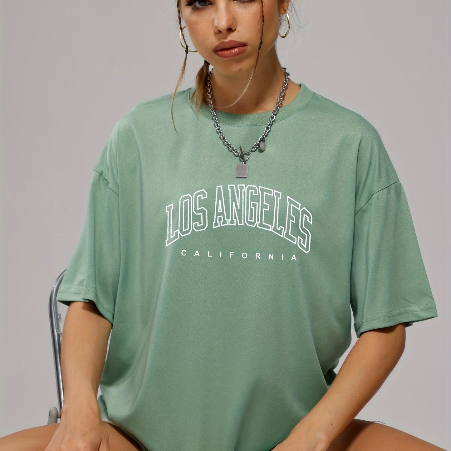 gbolsos Solid Color Letter Print Casual Sports T Shirt, Soft Crew Neck Short Sleeve Tee, Women's Clothing
