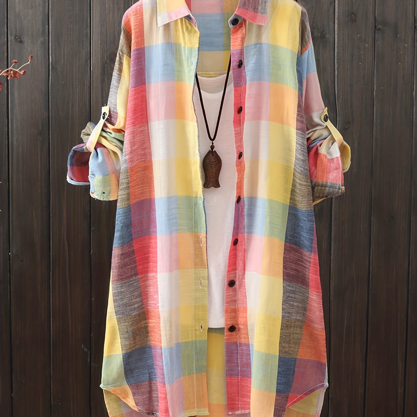 gbolsos Plaid Print Dipped Hem Shirt, Casual Mid Length Button Front Turn Down Collar Long Sleeve Shirt, Women's Clothing