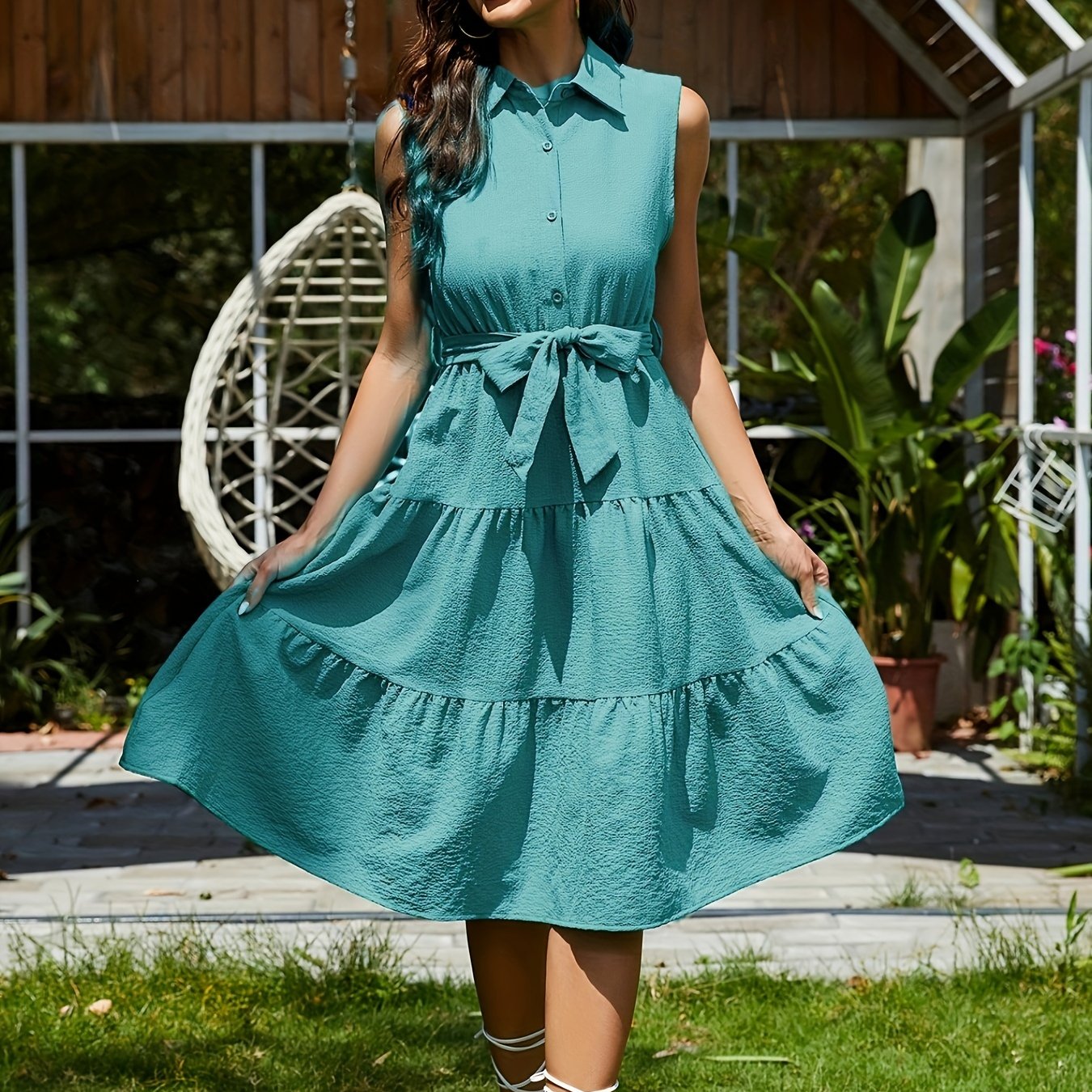 gbolsos Shirt Collar Belted Tiered Dress, Sleeveless Summer Vacation Casual Dress, Women's Clothing