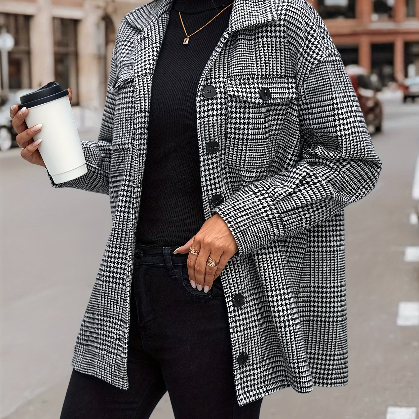 gbolsos Houndstooth Flap Pockets Jacket, Casual Long Sleeve Single Breasted Jacket, Women's Clothing