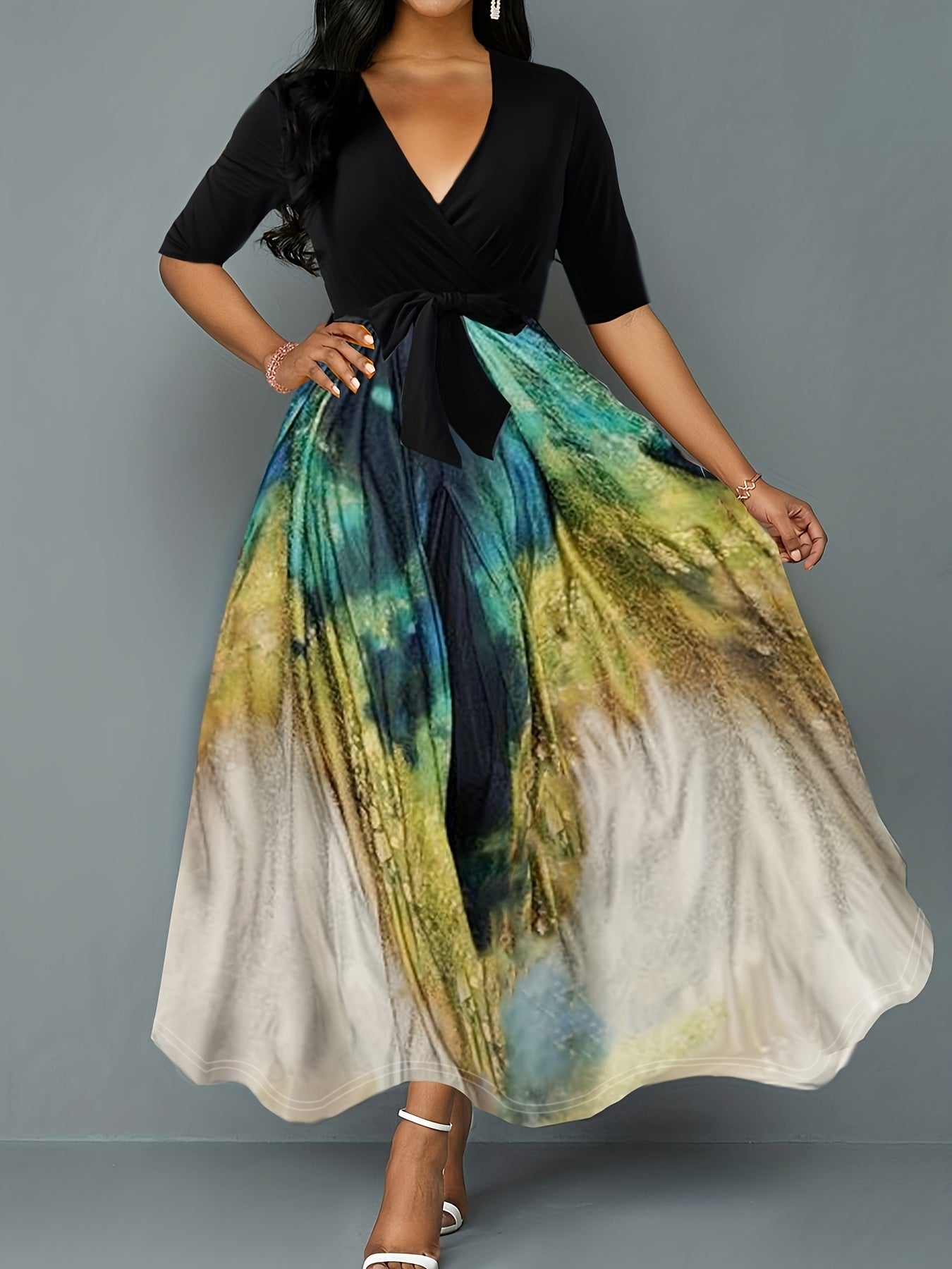 gbolsos Graphic Print Plunging Dress, Elegant Short Sleeve Maxi Dress, Women's Clothing