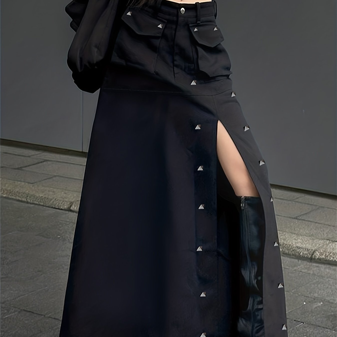 gbolsos Studded Flap Pocket Split Cargo Skirt, Y2K High Waist Loose Maxi Skirt, Women's Clothing