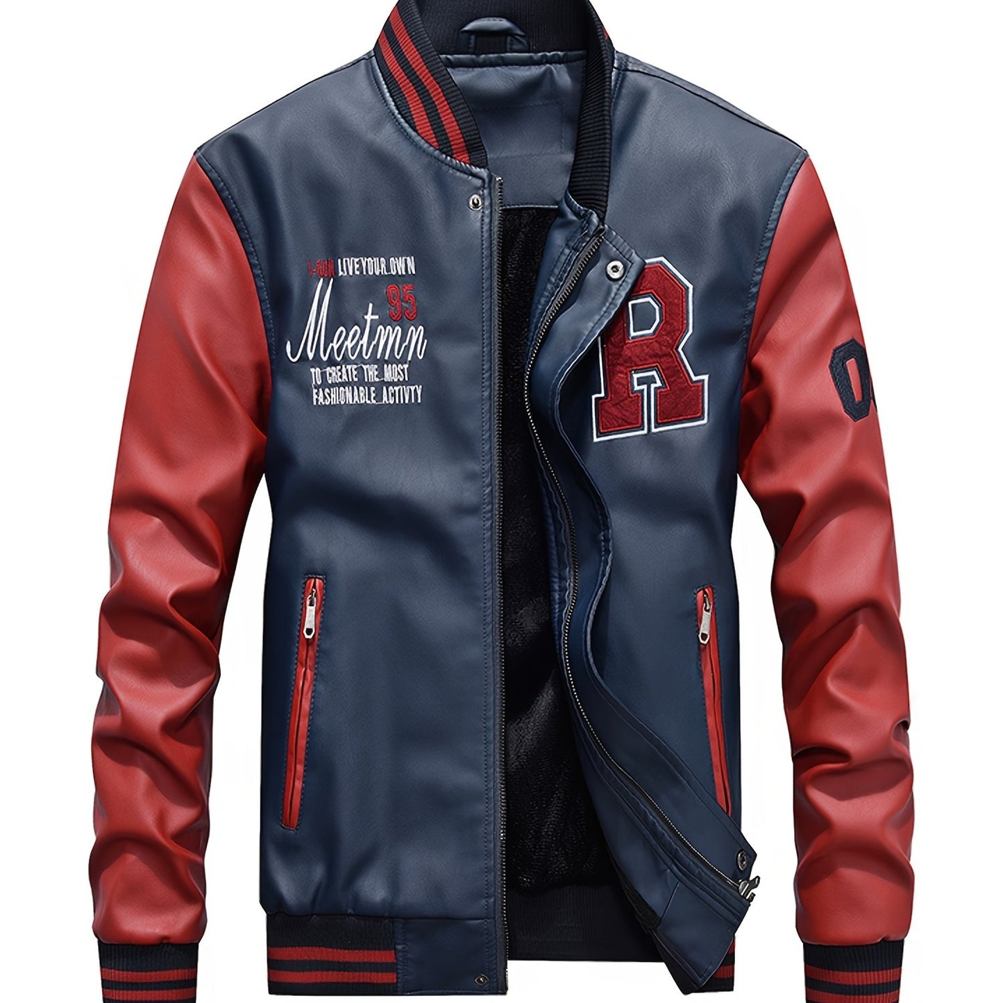 gbolsos Men's Casual Pockets "R" Print Zipper Long Sleeves Baseball Collar PULeather Jacket