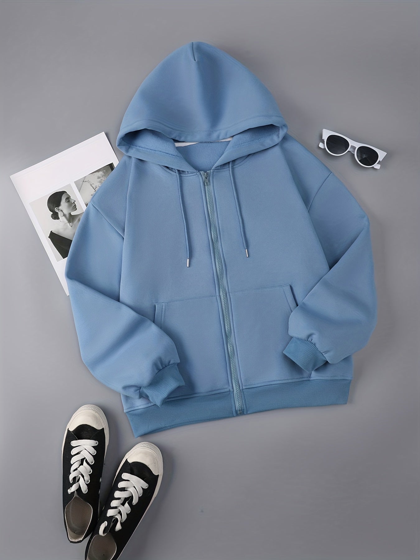Zip Up Drawstring Hoodie, Pocket Casual Hooded Sweatshirt For Winter & Fall, Women's Clothing