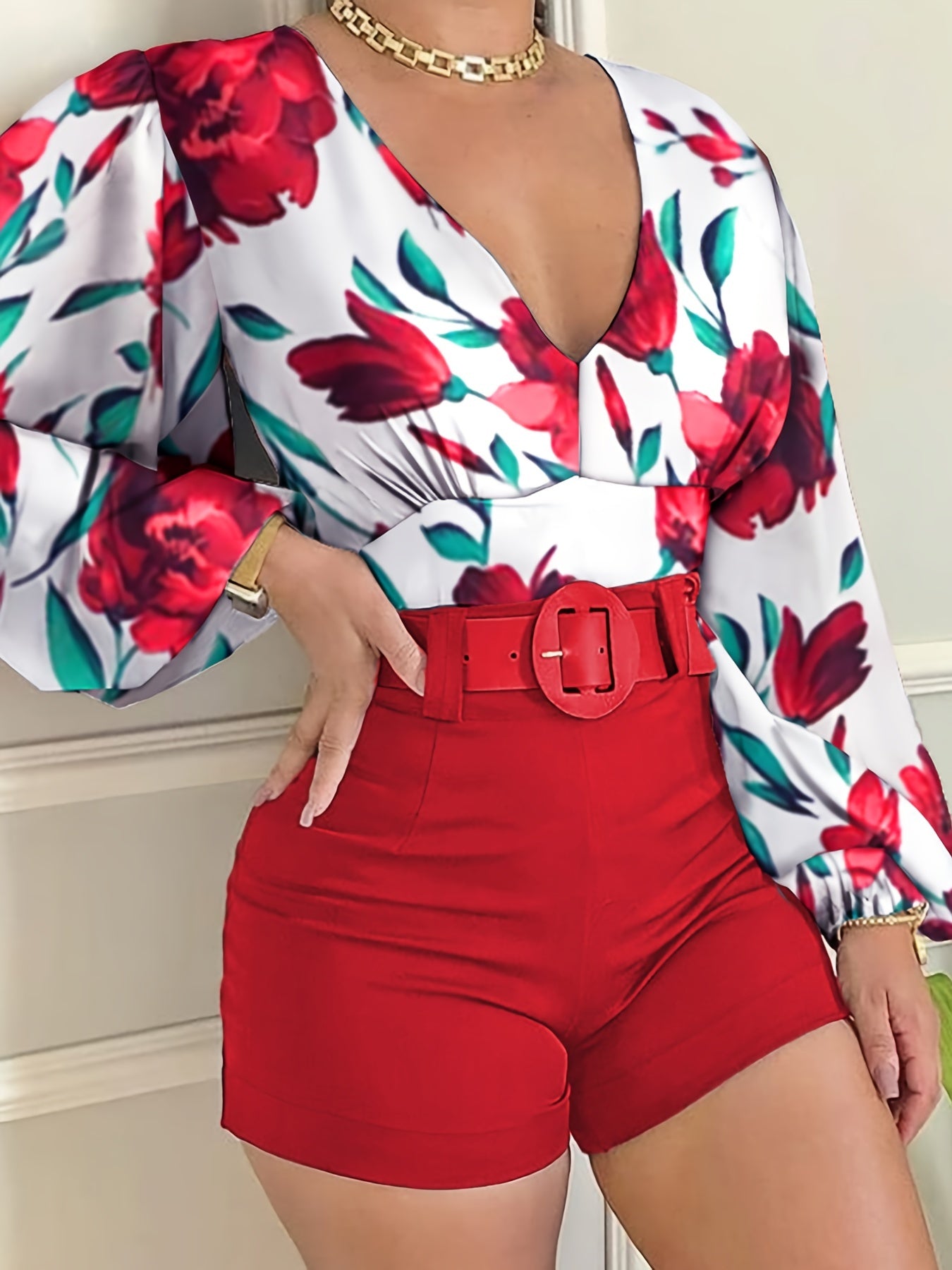 kkboxly Casual Bodycon Two-piece Set, Floral Print Lantern Sleeve V Neck Blouse & High Waist Shorts Outfits, Women's Clothing