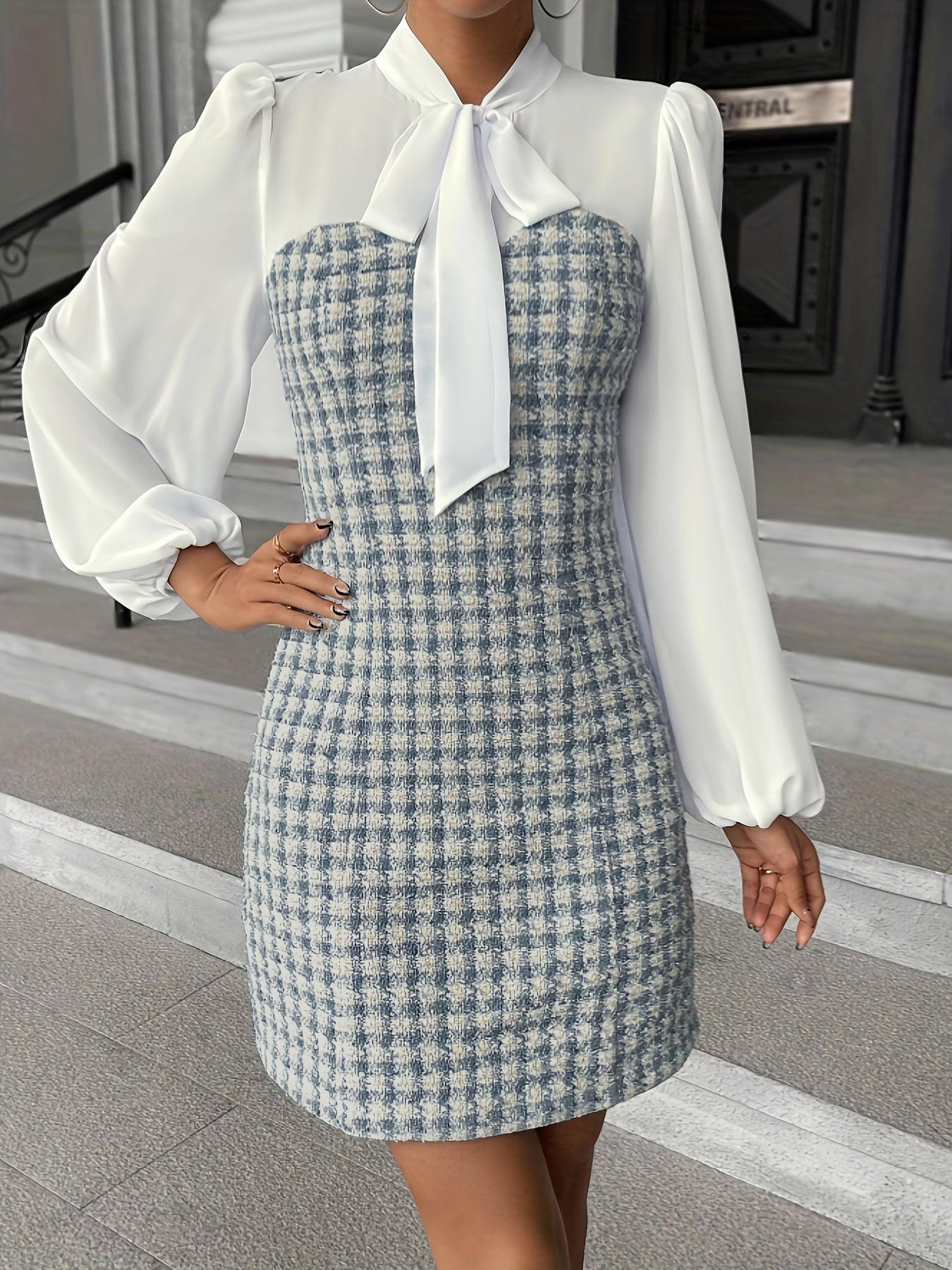 gbolsos Plaid Splicing Tie Neck Dress, Elegant Lantern Long Sleeve Dress, Women's Clothing