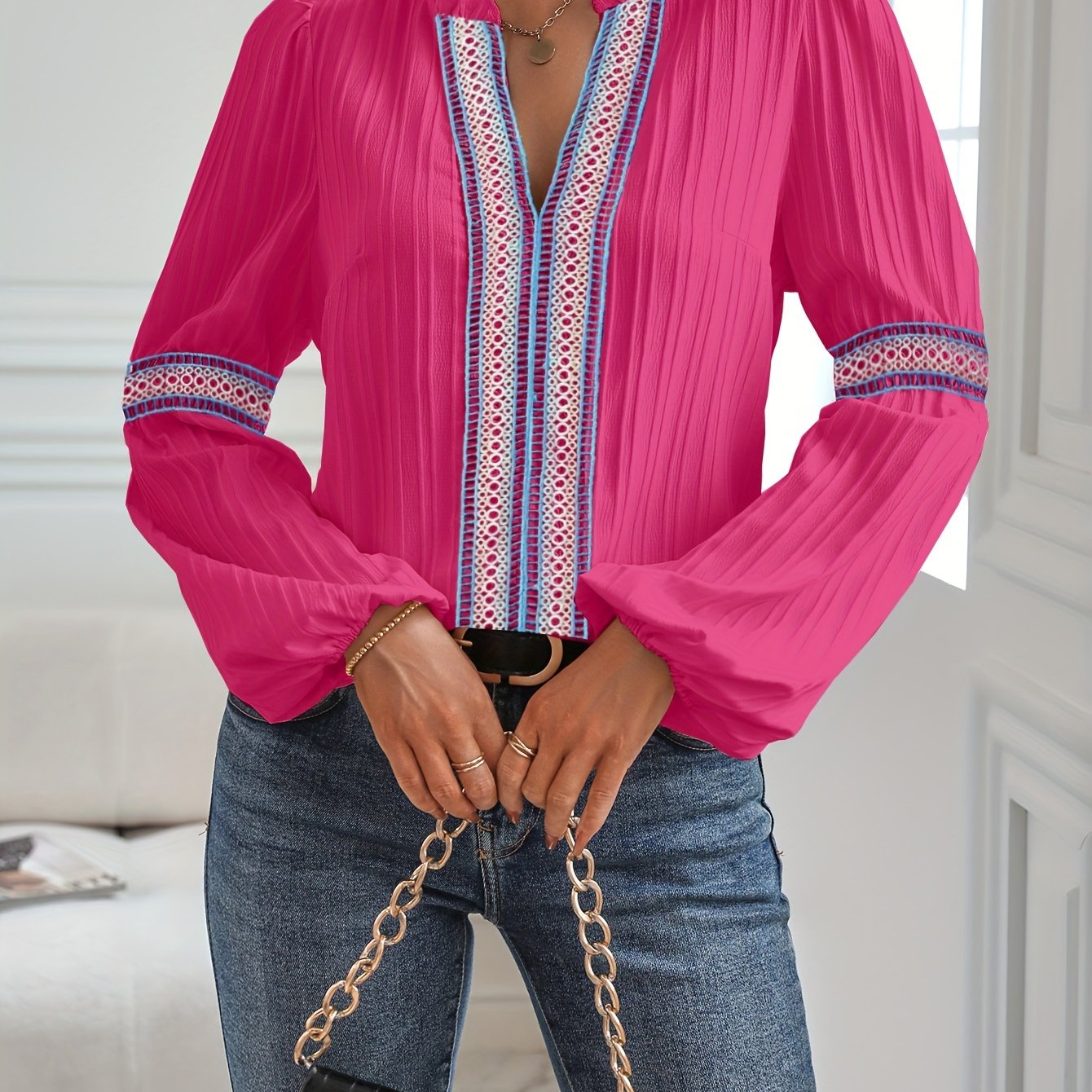 gbolsos Colorful Lace Stitching Blouse, Casual Long Sleeve Blouse For Spring & Fall, Women's Clothing